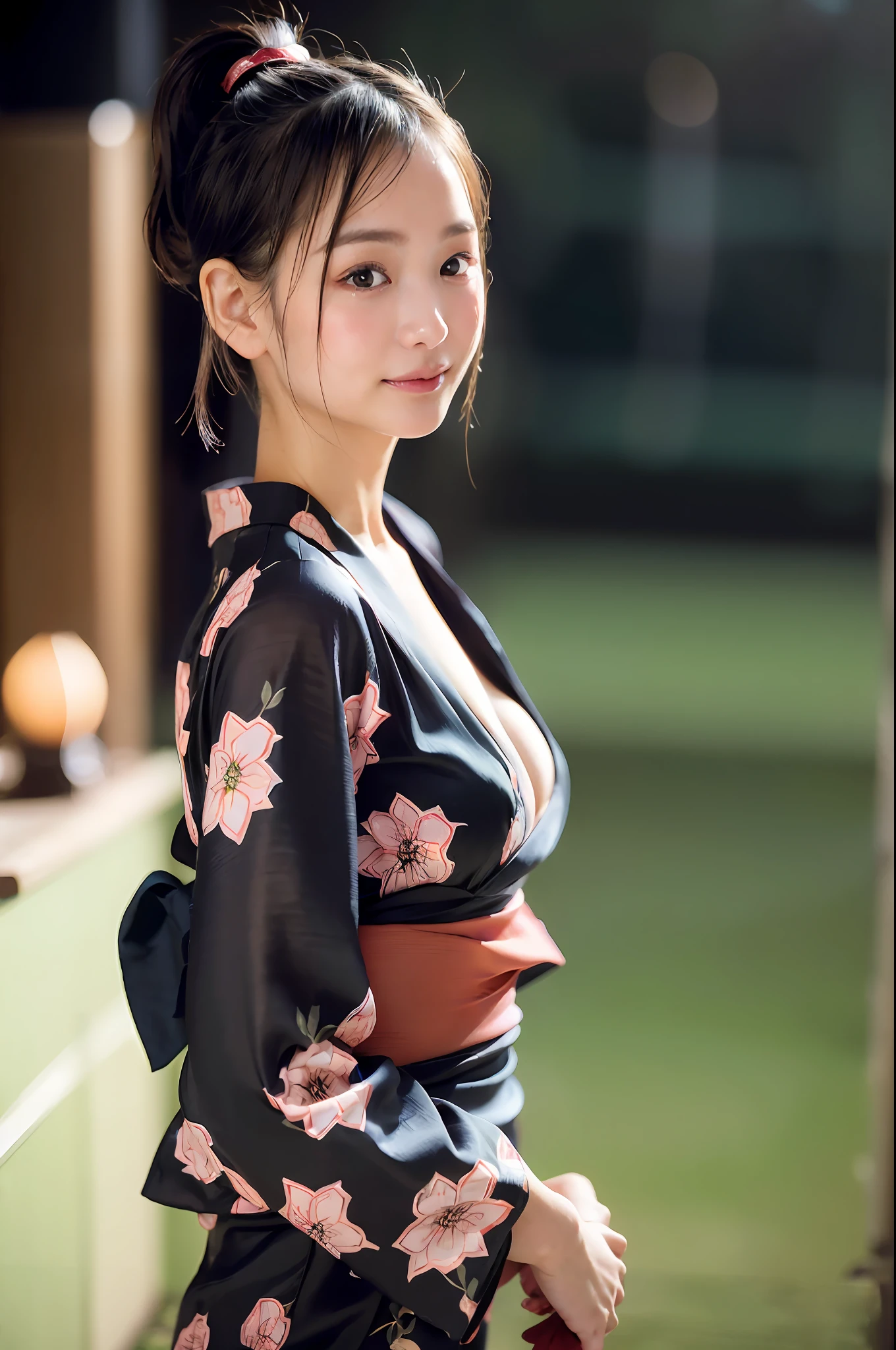 ((((fancy yukata, ponytail))), (walking sideways, festivals, in the city, at night, a little visible through the yukata, looking to the side, walking in parallel, angle from above), (very dark lip gloss, inky black lipstick, so many eyelashes, pitch black eyeshadow), NSFW, 8k, RAW photos, highest quality, high resolution: 1.1, hyper-realistic: 1.4, Realistic, super detail, photorealistic: 1.3, absurdity, masterpiece, urzan-6500-v1.1:0.33, beautiful_mistake-6500:0.66, pureerosface_v1:0.33, raw photo: 1.2, open mouth, soft light, cinema light, film grain, whole body, depth of field,, blurred background, eye focus, young, 85mm lens, f/1.4, professional lighting, portrait, photon mapping, radiosity, physically based rendering, transparency, Japan girls, sexual arousal: 1.5, realistic face, realistic body, realistic skin, clean: 1.8, big breasts: 1.3, teardrops, watery eyes, raised eyebrows, good style, camel toes, smile, charming smile