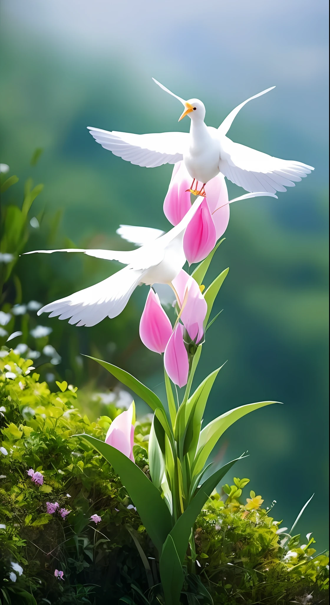 there are two white birds flying over a pink flower, peaceful and graceful, incredibly beautiful, really beautiful nature, beautiful and graceful, beautiful nature, very beautiful photo, peacefull, beautiful depiction, by Tadashi Nakayama, pink petals fly, stunning nature in background, beautiful composition, the most beautiful scene, beautiful scene, unbelievably beautiful, by Kaigetsudō Ando