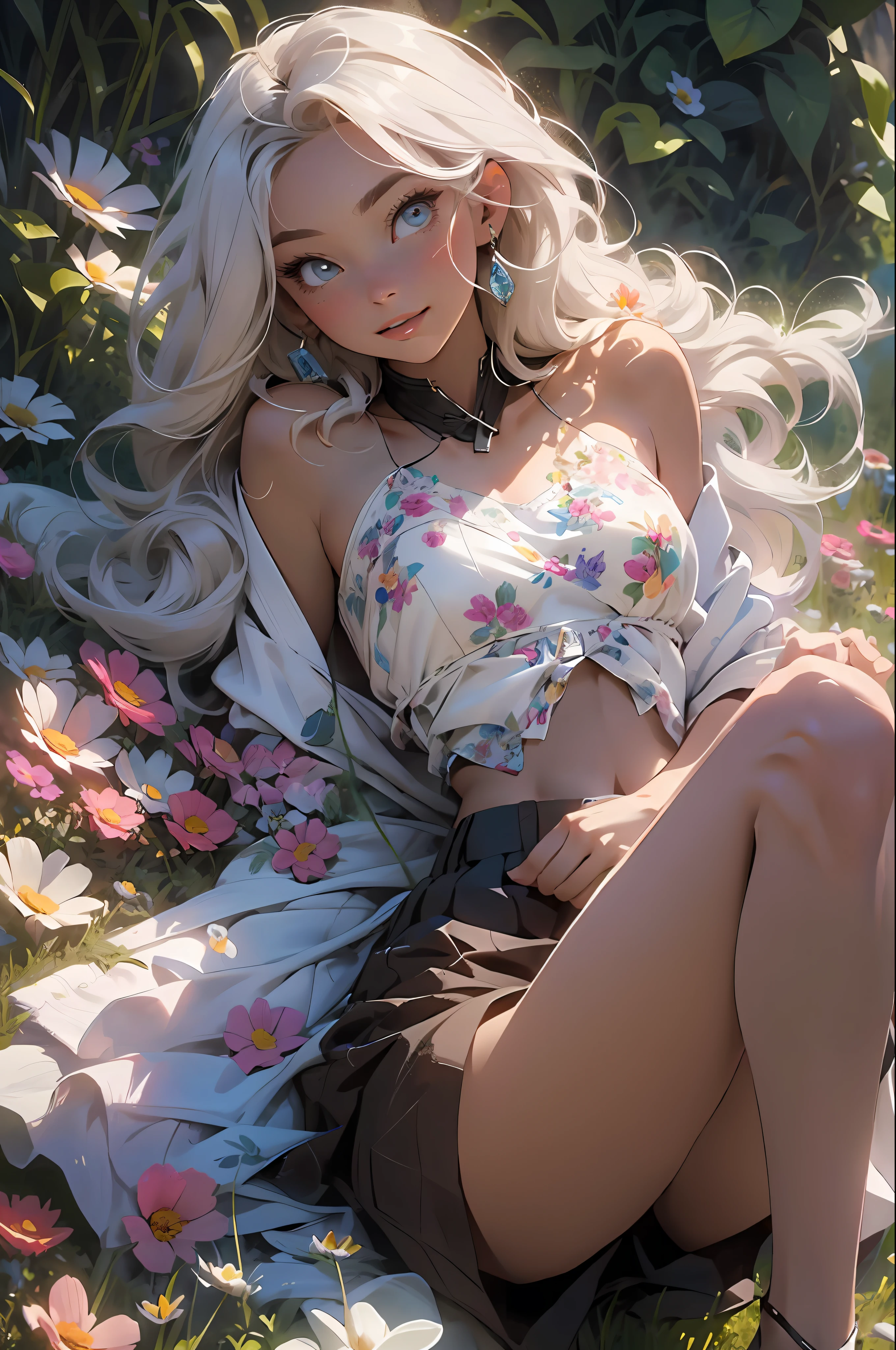 melancholy lighting, quiet, calm, brightness, masterpiece, best quality, 1girl, (JinxLol:1.2), (ultra photorealistic:1.3), (masterpiece:1.4), best quality, ((realistic)), high quality, ultra detailed, ((Real image)), ((realistic skin)), ((realistic face)),(illustration:1.05), (beautiful:1.05), (beautiful detailed eyes:1.05), (cinematic light:1.1), Full body, precise proportions, 18-year-old girl, skinny model lying on the grass, surrounding garden, tree shadow, hair fluttering in the wind, tulle, long legs, feet slightly open, buttocks, blush, shyness, collarbone, abdominals, double weave, beautiful and delicate face, fair skin, real skin, (face detail), pores, super high resolution, 8k, parameters Best quality, masterpiece, super high resolution, (Realistic 2.0), More details, detailed skin, no panties, wide smile, white teeth, voluminous hair, perfect and well designed eyes, girlfriend, beautiful, beautiful, flowers, studio lighting
