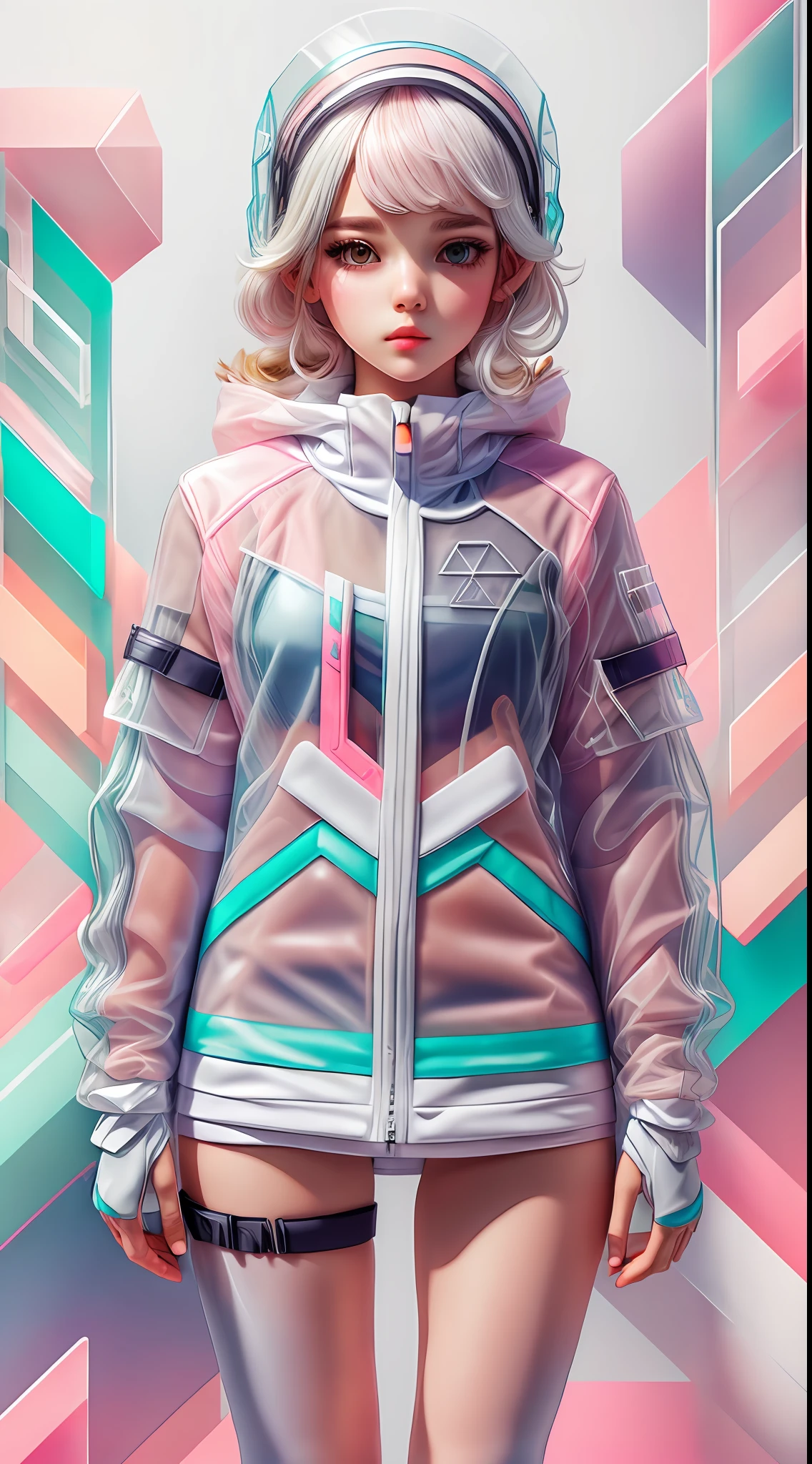 white,totally white,pastel colors,1girl with techwear clothing(transparent:1.2)geometric:1.3,sexy,papercute background