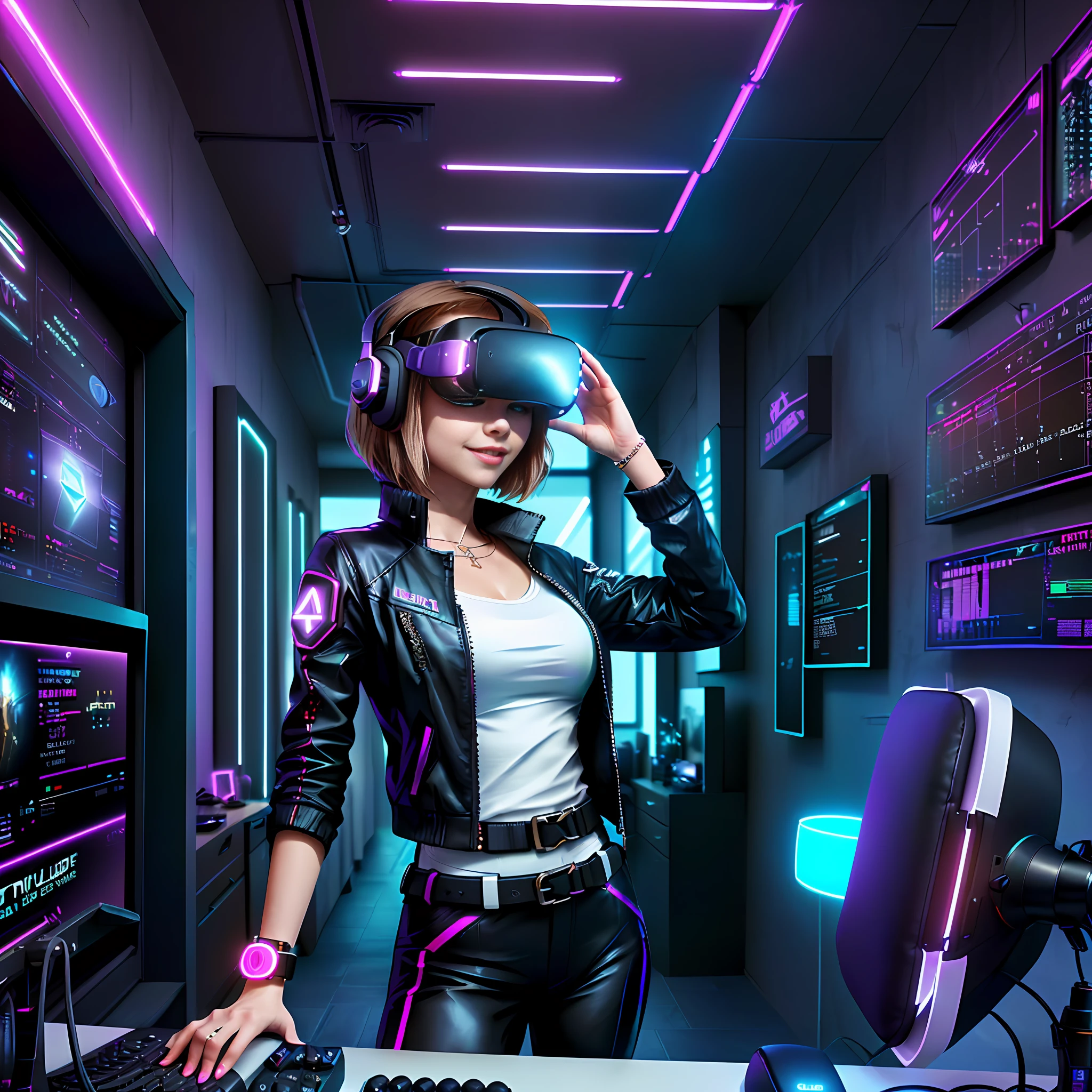 Stilo Dreamlikeart:1),(Redshift style:1.2), (basic modern white clothing, businesswoman, waist up, (matrix style). [Chloe Grace Moretz| Kristin Kreuk], gamer room with purple neon light wearing virtual reality glasses on her face, cheerful, business clothes, luxury office, focus, smile, well dressed, brown hair.