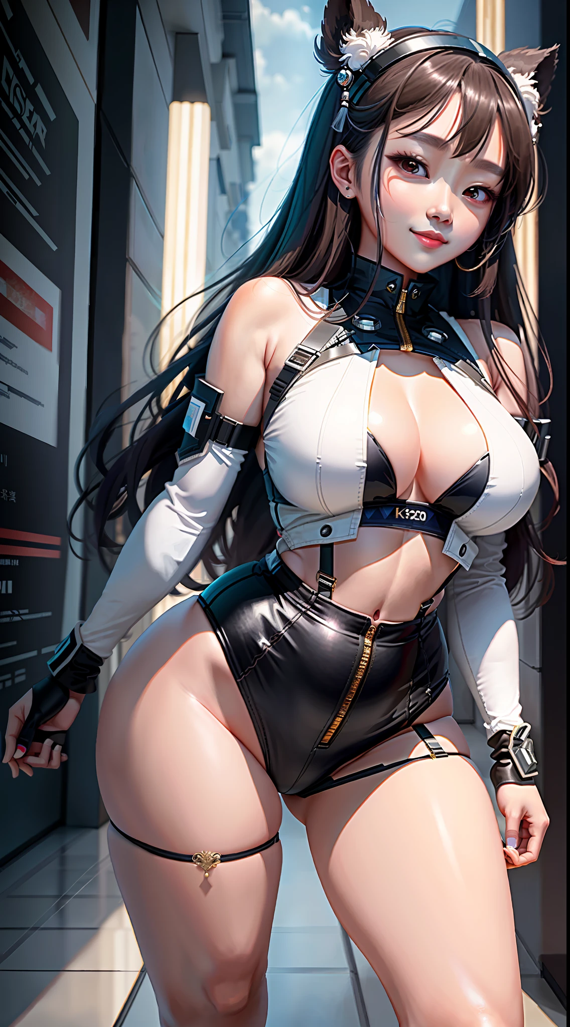 masterpiece, maximum quality, ultra high resolution, 8k, korean girl (K-Pop), full body, thin, detailed face, detailed eyes, shy smile, wide hips, thick thighs