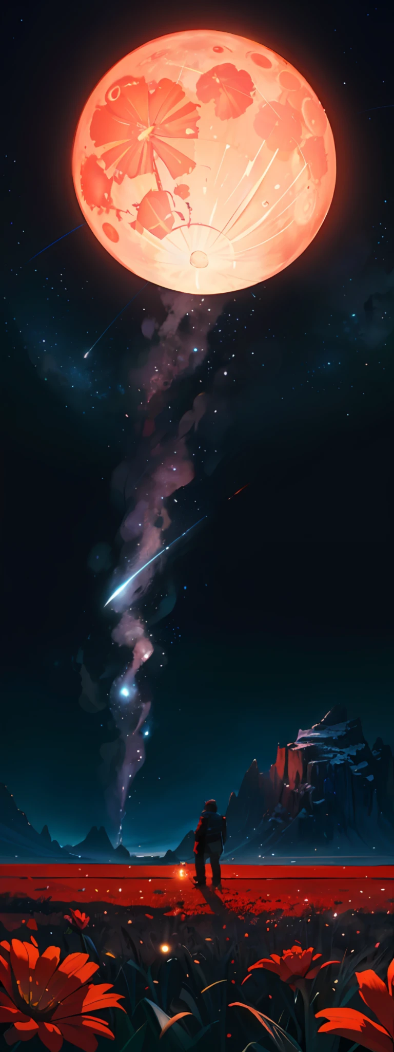 expansive landscape photography, (a view from below showing the sky above and the open field below), Madara Uchiha,boy, 1boy, standing in a field of flowers looking up, (bloody full moon: 1.2), (shooting stars: 0.9), (nebula: 1.3), distant mountain, tree BREAK production art, (hot light source: 1.2), (Firefly: 1.2), lamp, very red and orange, complex details, volumetric lighting, realism BREAK (masterpiece: 1.2), (best quality), 4k, ultra-detailed, (dynamic composition: 1.4), highly detailed, colorful details, (iridescent colors: 1.2), (bright lighting, atmospheric lighting), dreamy, magical, (solo: 1.2)