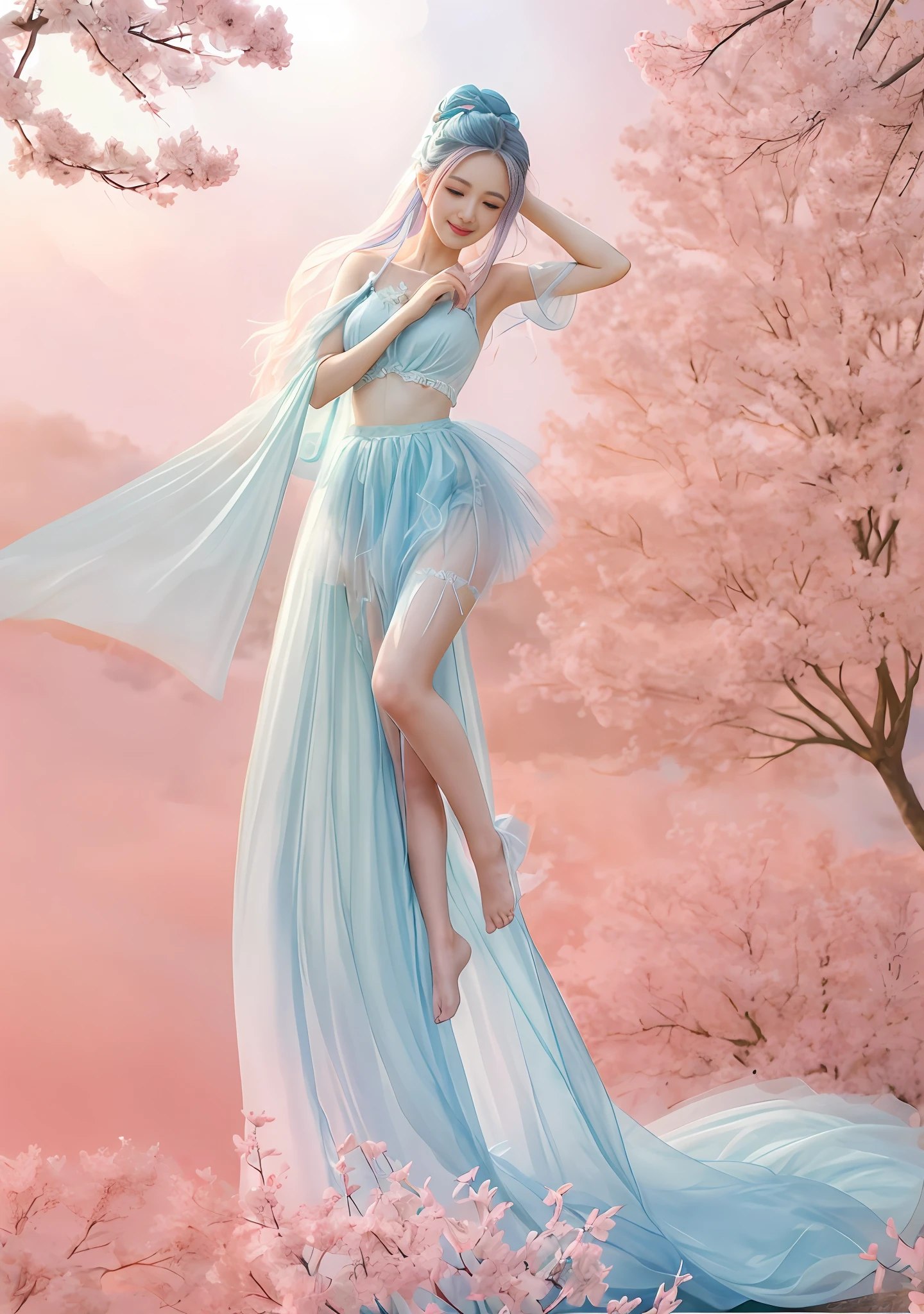 1 girl, single, (feet in the sky: 1.3), blue sky, mirror, (light pink and light sky blue style: 0.2), ethereal leaves, playful arrangements, fantasy, high contrast, (8K wallpaper: 1.3), realistic, octane rendering, surreal, (skin dents: 1.5), (realistic face: 1.2), (hands and feet blurred), sharp focus, masterpiece, (best quality), (mirror illumination: 1.5), light on the face, sharp face, long hair, light makeup, smile: 1.2, cute, (after fingering: 1.1), (long tulle: 1.6), wind, bun, (leg covering: 1.3),