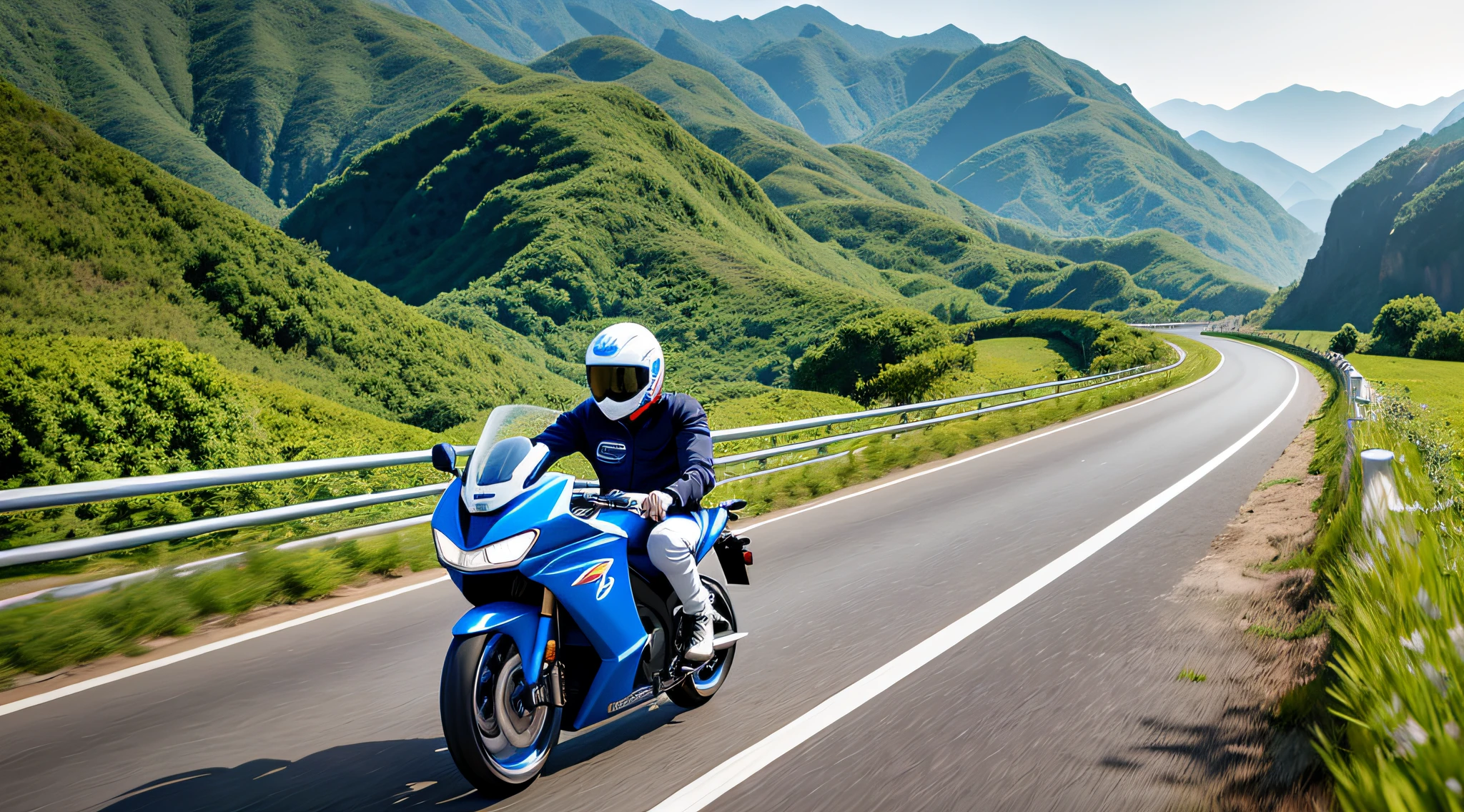 [Illustration Storyboard] comic page, there are multiple panels on one page: a Chinese wearing a white helmet, wearing a black T-shirt, carrying a grass-green travel bag, riding a blue-and-white motorcycle, facing the rising sun, driving in China's famous mountains and rivers (GoPro, f/2.8, motion blur). [Wide angle lens, continuous shooting] adopts Zhang Yimou's style, film P30, horizontal line composition