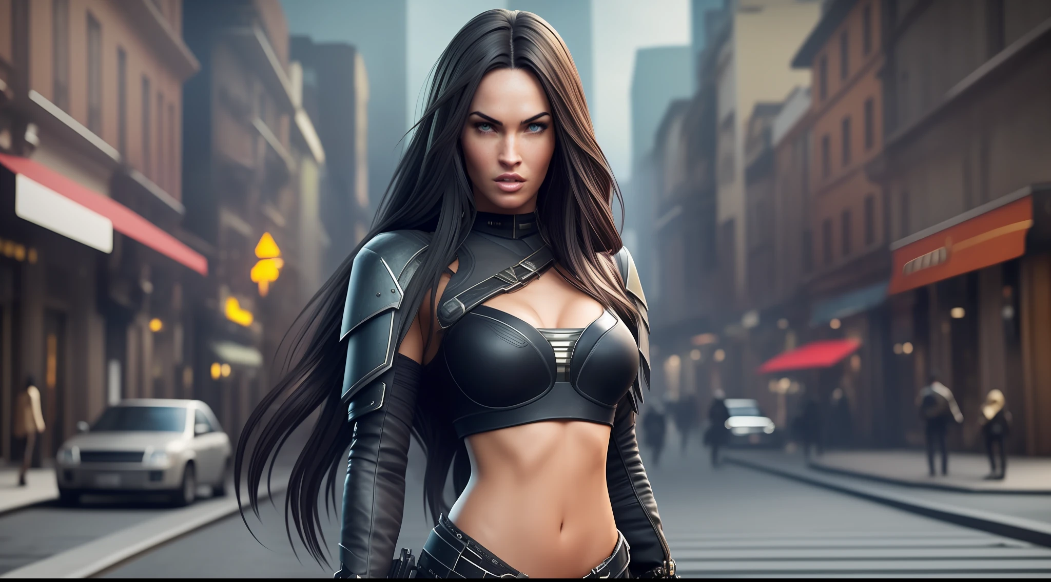 "Generate an image of a character in the following setting: 

Character Appearance: 

- The character's face should resemble Megan Fox's with an extremely realistic depiction, ensuring an extremely detailed face representation. 

**(realistic) (photorealistic: 1.2) (best quality: 1.2) (detailed face: 1.4)**

-Brown eye color (Intensity: 1.2) **(beautifully detailed eyes: 1.2)** 

- The character's body should match Megan Fox's. 

- Dress the character in a cyberpunk-style outfit. 

- Show the character in a full-body view. 

- The character should have ultra black hair reaching waist length.

Environment: 

- Depict the character in Largo da Ordem, Curitiba, with an atmosphere that conveys an obscure and shadowy ambiance of a penumbral night. 

- Ensure the location is empty, without any people present. 

- Generate the image at an 8K resolution. To avoid distortion in the character's face, please consider the following parameters: 

- Apply a suitable level of smoothing to preserve facial details while reducing noise. 

- Adjust the sharpness parameter to maintain facial features without excessive blurring. 

- Generate the image at a high resolution of 8K to ensure clarity and fine details. - Maintain a balanced color representation to accurately depict the character's appearance. 

Produce an image that combines all these elements to create a visually appealing, realistic, and detailed depiction of the character in the specified environment, showcasing the character in a standing position. Ensure the character's  featuring ultra black, extremely straight hair reaching the waist.