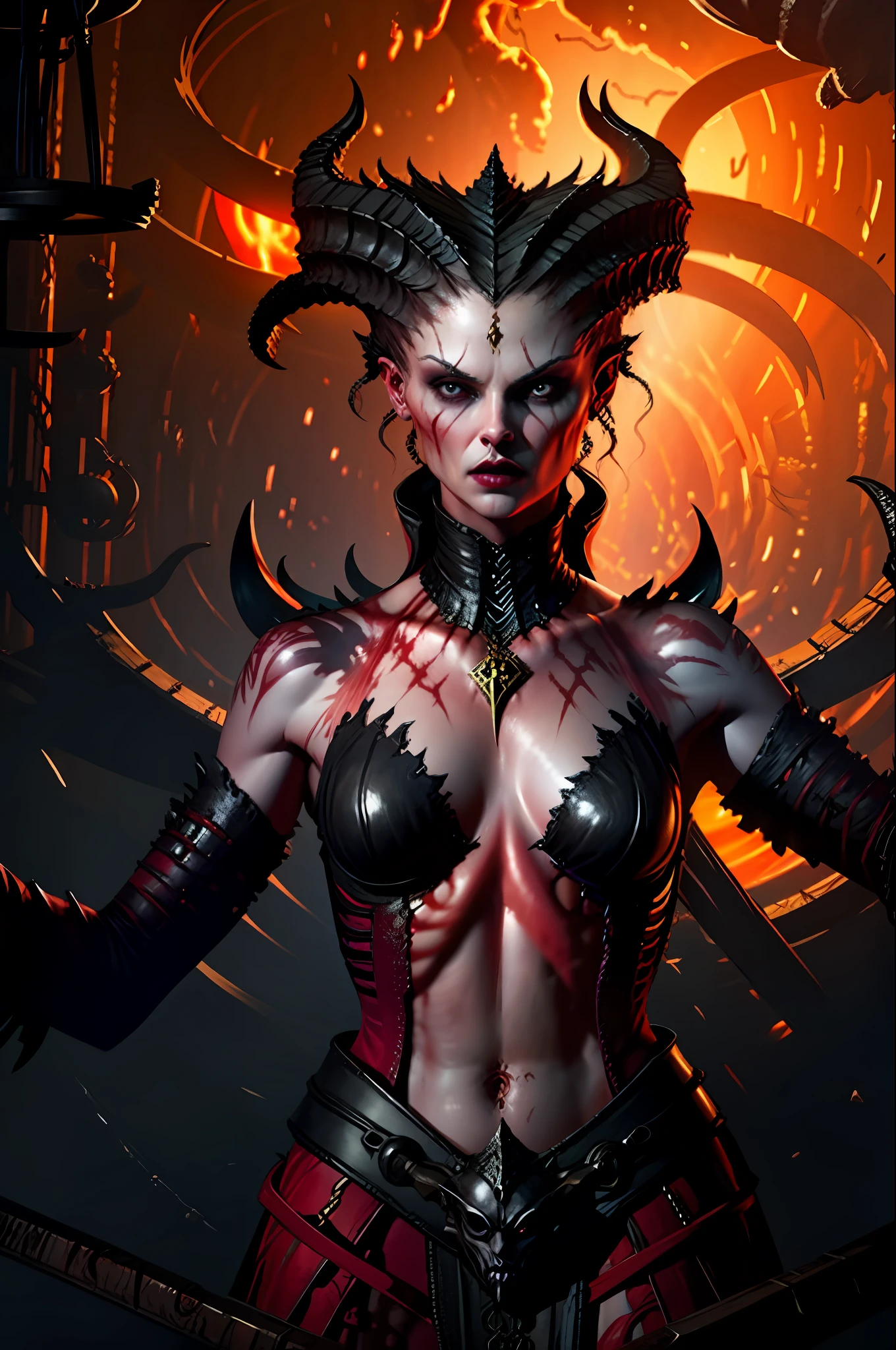 Lilith inside a church, fire, lightning, blood, whole body, in the style of D14bl0 red dramatic lights