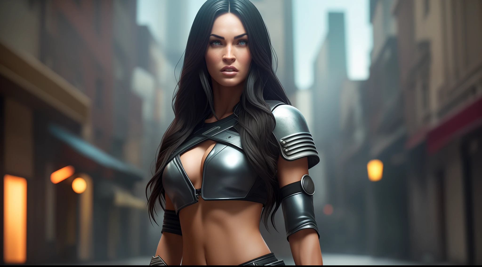 "Generate an image of a character in the following setting:
Character Appearance:
- The character's face should resemble Megan Fox's with an extremely realistic depiction, ensuring an extremely detailed face representation.
**(realistic) (photorealistic: 1.2) (best quality: 1.2) (detailed face: 1.4)**
-Brown eye color (Intensity: 1.2) **(beautifully detailed eyes: 1.2)**
- The character's body should match Megan Fox's.
- Dress the character in a cyberpunk-style outfit.
- Show the character in a full-body view.
- Ultra black, extremely straight hair that reaches the waist.
Environment:
- Depict the character in Largo da Ordem, Curitiba, with an atmosphere that conveys an obscure and shadowy ambiance of a penumbral night.
- Ensure the location is empty, without any people present.
- Generate the image at an 8K resolution. To avoid distortion in the character's face, please consider the following parameters:
- Apply a suitable level of smoothing to preserve facial details while reducing noise.
- Adjust the sharpness parameter to maintain facial features without excessive blurring.
- Generate the image at a high resolution of 8K to ensure clarity and fine details. - Maintain a balanced color representation to accurately depict the character's appearance.
Produce an image that combines all these elements to create a visually appealing, realistic, and detailed depiction of the character in the specified environment, showcasing the character in a standing position. Ensure the character's featuring ultra black, extremely straight hair reaching the waist.