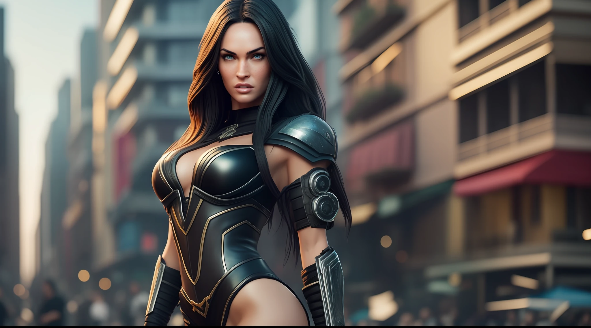 "Generate an image of a character in the following setting: 

Character Appearance: 

- The character's face should resemble Megan Fox's with an extremely realistic depiction, ensuring an extremely detailed face representation. 

**(realistic) (photorealistic: 1.2) (best quality: 1.2) (detailed face: 1.4)**

-Brown eye color (Intensity: 1.2) **(beautifully detailed eyes: 1.2)** 

- The character's body should match Megan Fox's. 

- Dress the character in a cyberpunk-style outfit. 

- Show the character in a full-body view. 

- Ultra black, extremely straight hair that reaches the waist. 

Environment: 

- Depict the character in Largo da Ordem, Curitiba, with an atmosphere that conveys an obscure and shadowy ambiance of a penumbral night. 

- Ensure the location is empty, without any people present. 

- Generate the image at an 8K resolution. To avoid distortion in the character's face, please consider the following parameters: 

- Apply a suitable level of smoothing to preserve facial details while reducing noise. 

- Adjust the sharpness parameter to maintain facial features without excessive blurring. 

- Generate the image at a high resolution of 8K to ensure clarity and fine details. - Maintain a balanced color representation to accurately depict the character's appearance. 

Produce an image that combines all these elements to create a visually appealing, realistic, and detailed depiction of the character in the specified environment, showcasing the character in a standing position. Ensure the character's  featuring ultra black, extremely straight hair reaching the waist.