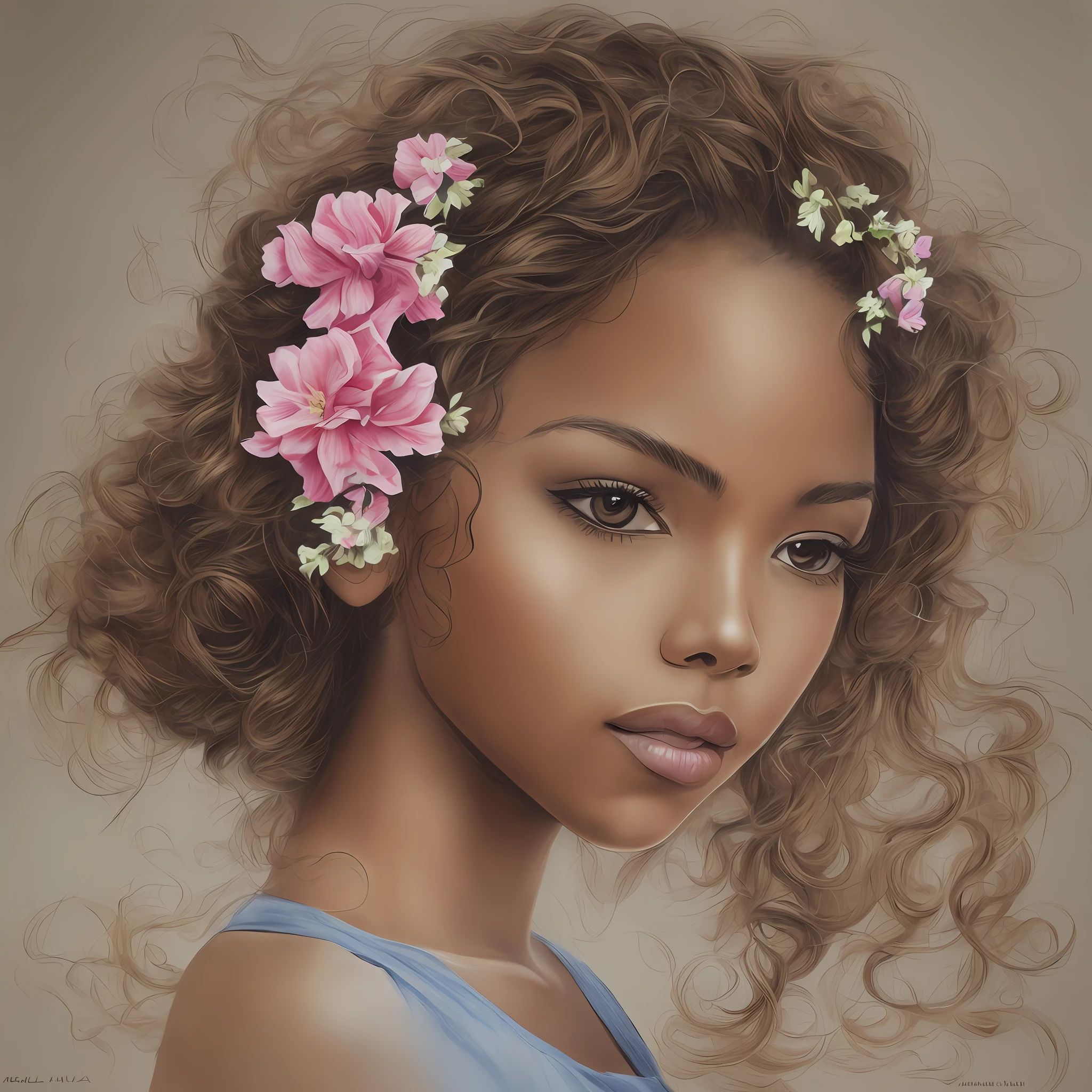 realistic portrait 1 girl with a flower in her hair, clean photo, breathtaking rendering, (tanned skin), instagram artwork, detailed facial affections, listening to music, featured in 9 9 designs, gentle smile, realistic cartoon, ( kind eyes big), fish eyes, angelic purity, artist used bright, like a pixar character, exceptionally unique beauty, dark skin tone, hi mark (akwaaba tommy) --auto --s2