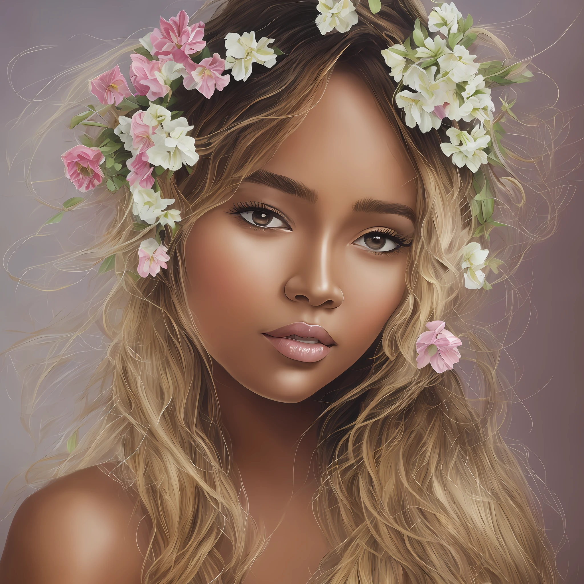 realistic portrait 1 girl with a flower in her hair, clean photo, breathtaking rendering, (tanned skin), instagram artwork, detailed facial affections, listening to music, featured in 9 9 designs, gentle smile, realistic cartoon, ( kind eyes big), fish eyes, angelic purity, artist used bright, like a pixar character, exceptionally unique beauty, dark skin tone, hi mark (akwaaba tommy) --auto --s2