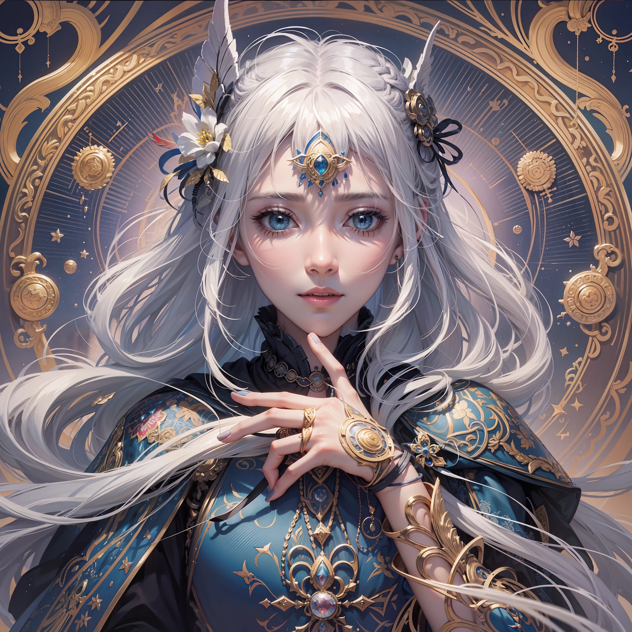 Official Art, Unity 8k Wallpaper, Ultra Detailed, Beautiful and Aesthetic, High Quality, Beauty, Masterpiece, Best Quality, (Zentangle, Mandala, Tangled, Entangle: 0.6), Takeuchi Wind, Artoria Face, White Hair --auto --s2