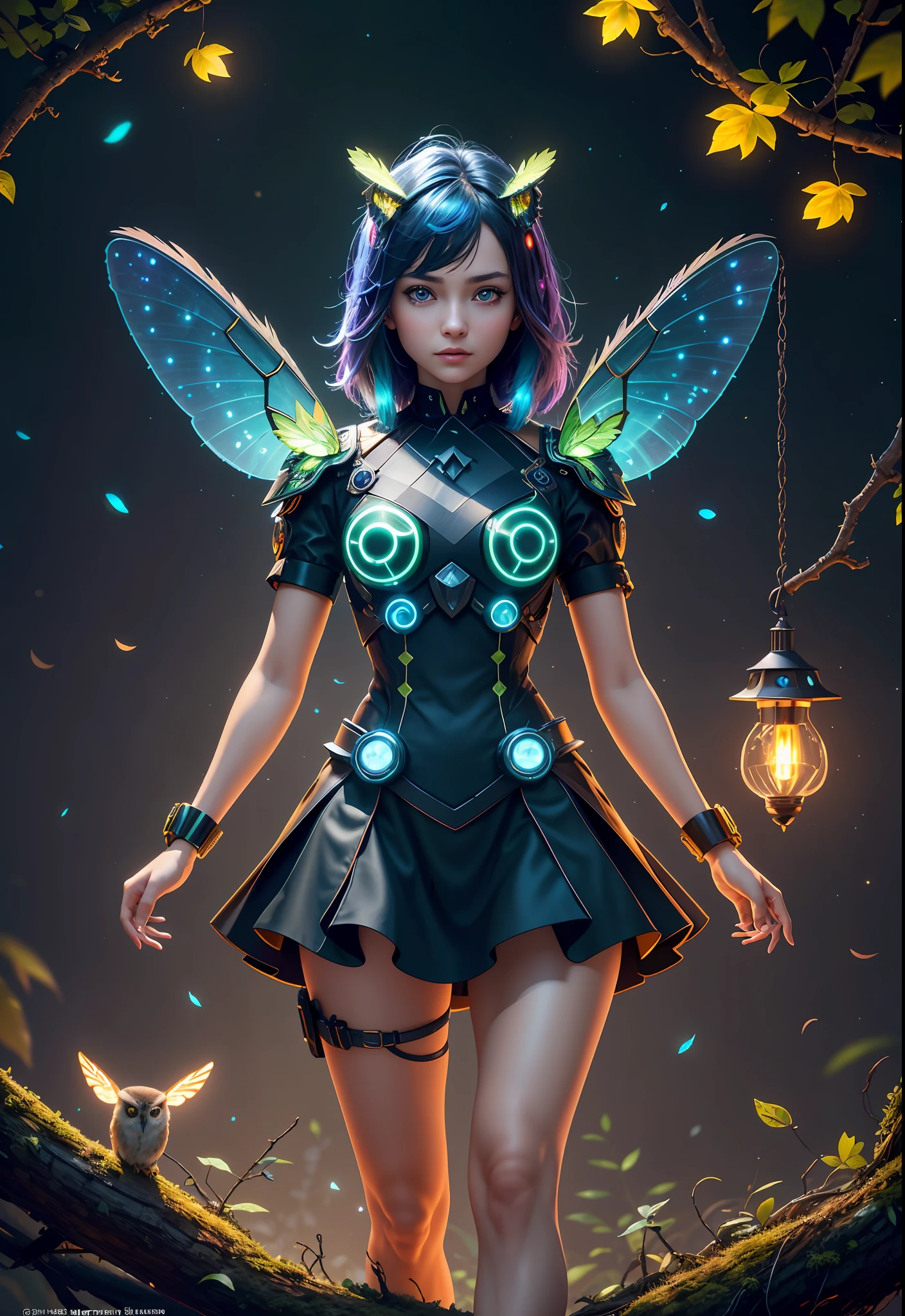 Masterpiece, best quality, extremely beautiful reflection, best reflection. (Very detailed CG unity 8k wallpaper), (best quality), (best illustration), (best shadow), a photo of a cybernetic owl, perched on barbed wire in a dark alley. His eyes are neon blue, reflecting the lights of the surrounding city. The feathers are fragmented and iridescent, and there is a wonderful code running through them. The shots used create a deformation effect, giving the impression that an owl is observing the viewer from all angles, with a forest theme with natural elements. Tall trees, quiet stream, glowing small mushrooms surrounded by delicate leaves and branches, and fireflies and glowing particle effects, (natural elements), (jungle theme), (leaves), (branches), (fireflies), butterflies, (delicate leaves), (glow), (particle effects), isometric 3D, Octane rendering, ray tracing, super detailed