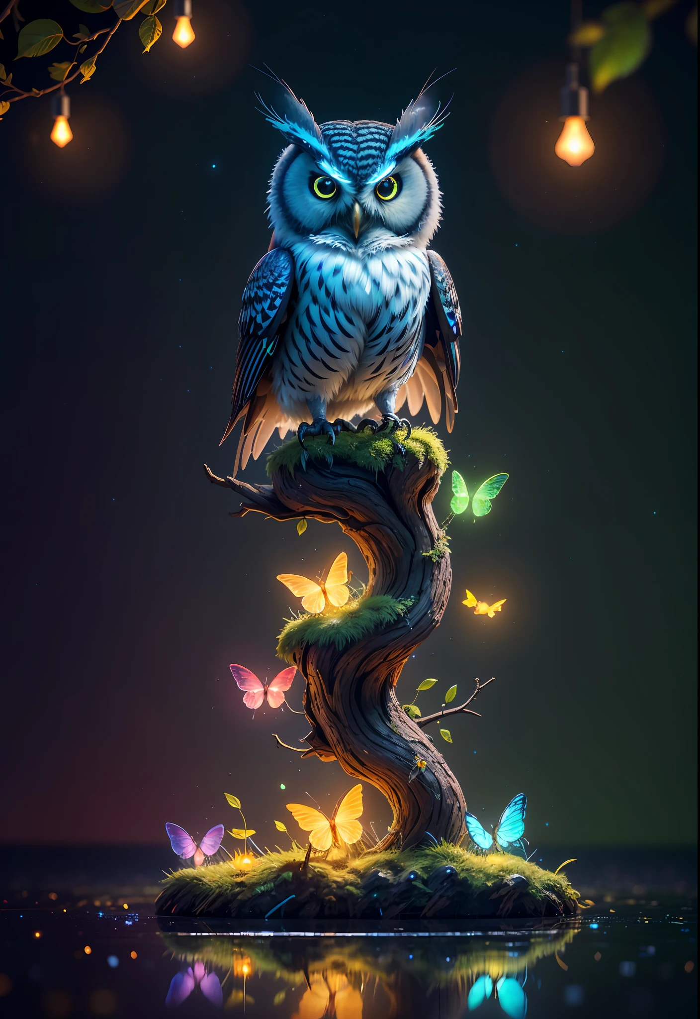 Masterpiece, best quality, extremely beautiful reflection, best reflection. (Very detailed CG unity 8k wallpaper), (best quality), (best illustration), (best shadow), a photo of a cybernetic owl, perched on barbed wire in a dark alley. His eyes are neon blue, reflecting the lights of the surrounding city. The feathers are fragmented and iridescent, and there is a wonderful code running through them. The shots used create a deformation effect, giving the impression that an owl is observing the viewer from all angles, with a forest theme with natural elements. Tall trees, quiet stream, glowing small mushrooms surrounded by delicate leaves and branches, and fireflies and glowing particle effects, (natural elements), (jungle theme), (leaves), (branches), (fireflies), butterflies, (delicate leaves), (glow), (particle effects), isometric 3D, Octane rendering, ray tracing, super detailed