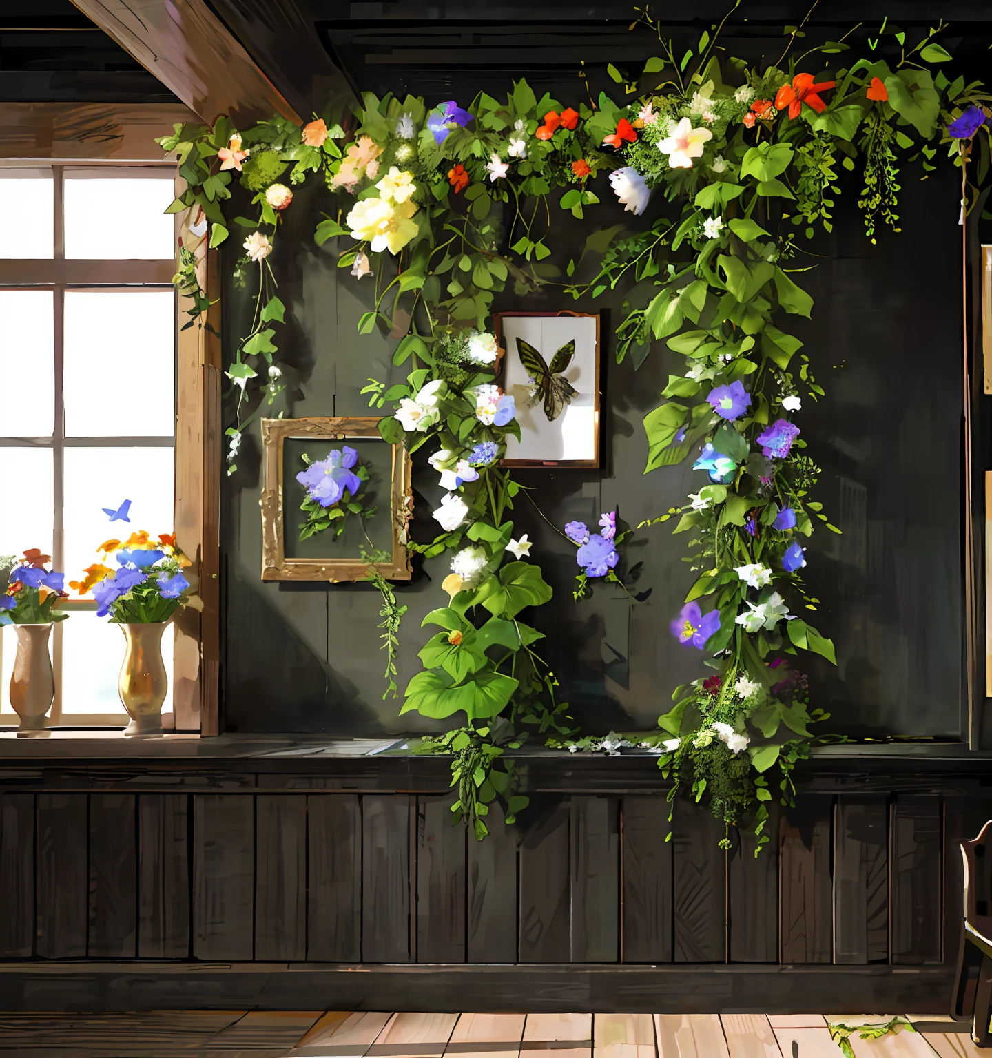 Create a photographic background with floriculture banner with many flowers all in green tone and European style