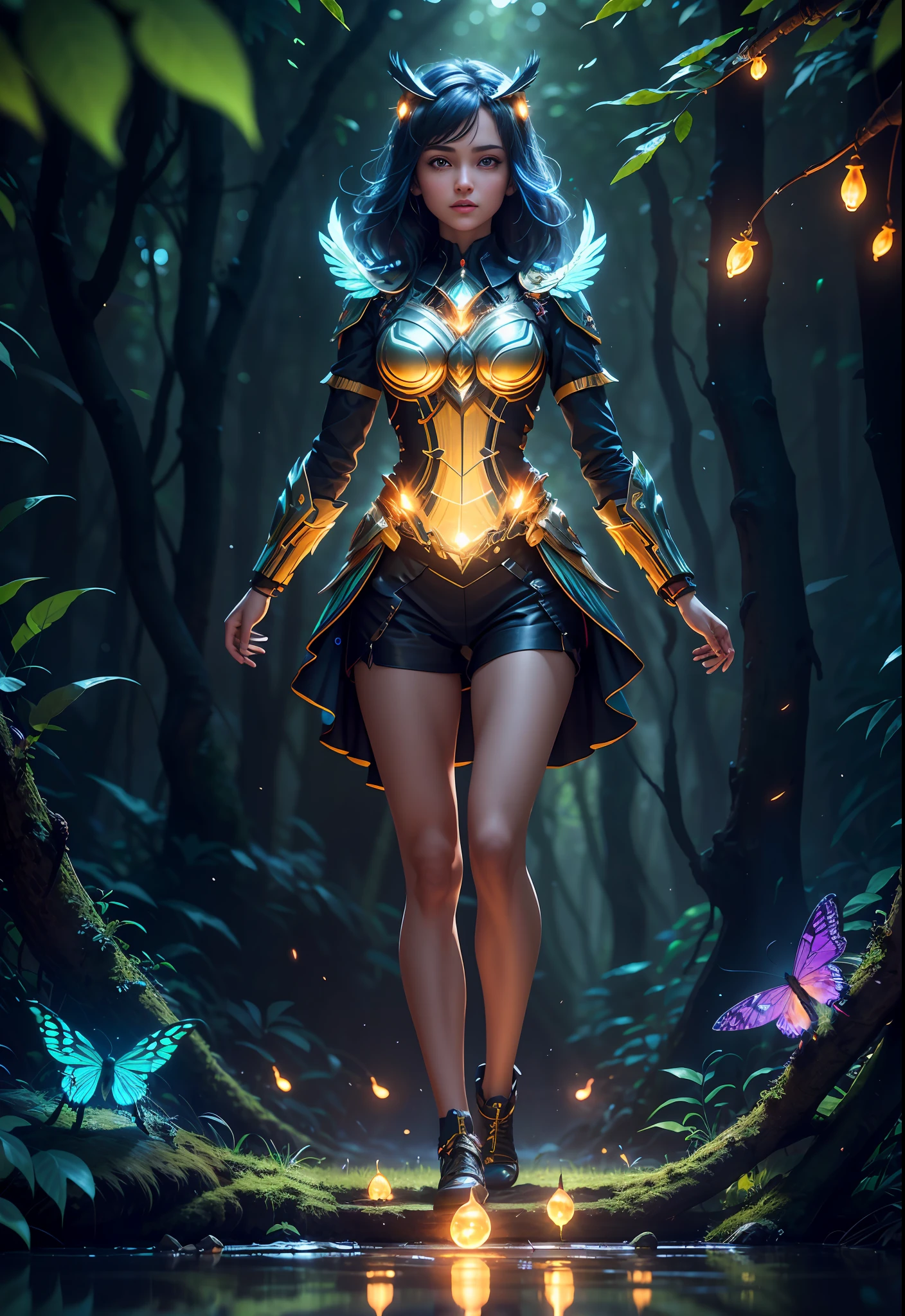 Masterpiece, best quality, extremely beautiful reflection, best reflection. (Very detailed CG unity 8k wallpaper), (best quality), (best illustration), (best shadow), a photo of a cybernetic owl, perched on barbed wire in a dark alley. His eyes are neon blue, reflecting the lights of the surrounding city. The feathers are fragmented and iridescent, and there is a wonderful code running through them. The shots used create a deformation effect, giving the impression that an owl is observing the viewer from all angles, with a forest theme with natural elements. Tall trees, quiet stream, glowing small mushrooms surrounded by delicate leaves and branches, and fireflies and glowing particle effects, (natural elements), (jungle theme), (leaves), (branches), (fireflies), butterflies, (delicate leaves), (glow), (particle effects), isometric 3D, Octane rendering, ray tracing, super detailed