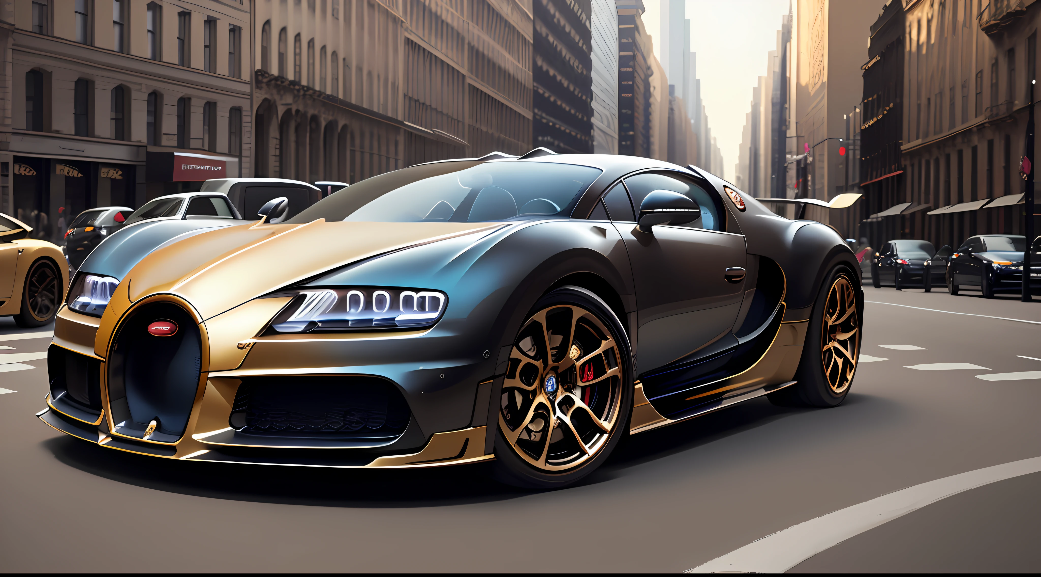 Bugatti La Voiture Noire car, gold wheels, detailed, many details, perfect, background New York city, high quality, 8k, photorealistic, accelerated