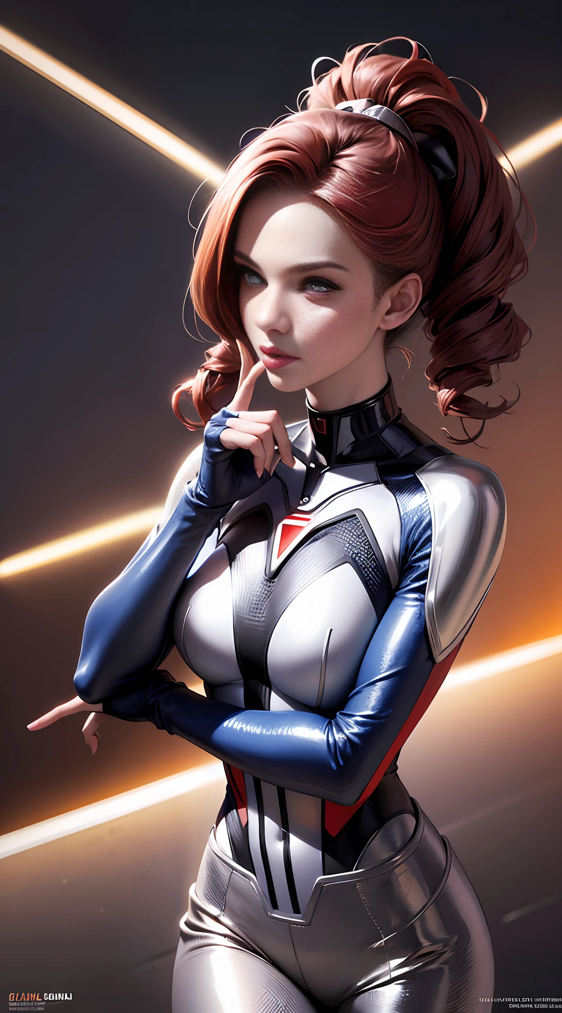 High quality fingers, normal hands, detailed fingers, masterpiece, (realistic, photorealistic: 1.37), (22-year-old woman), galaxy Ultraman, female Ultraman, classic red silver tights, energy indicator with blue light on the chest, {{huge_breast}}, small waist, crimson hair, blue eyes, beautiful face, perfect lighting, determined eyes, looking at the audience, amazing beautiful woman, detailed hairstyle, detailed background