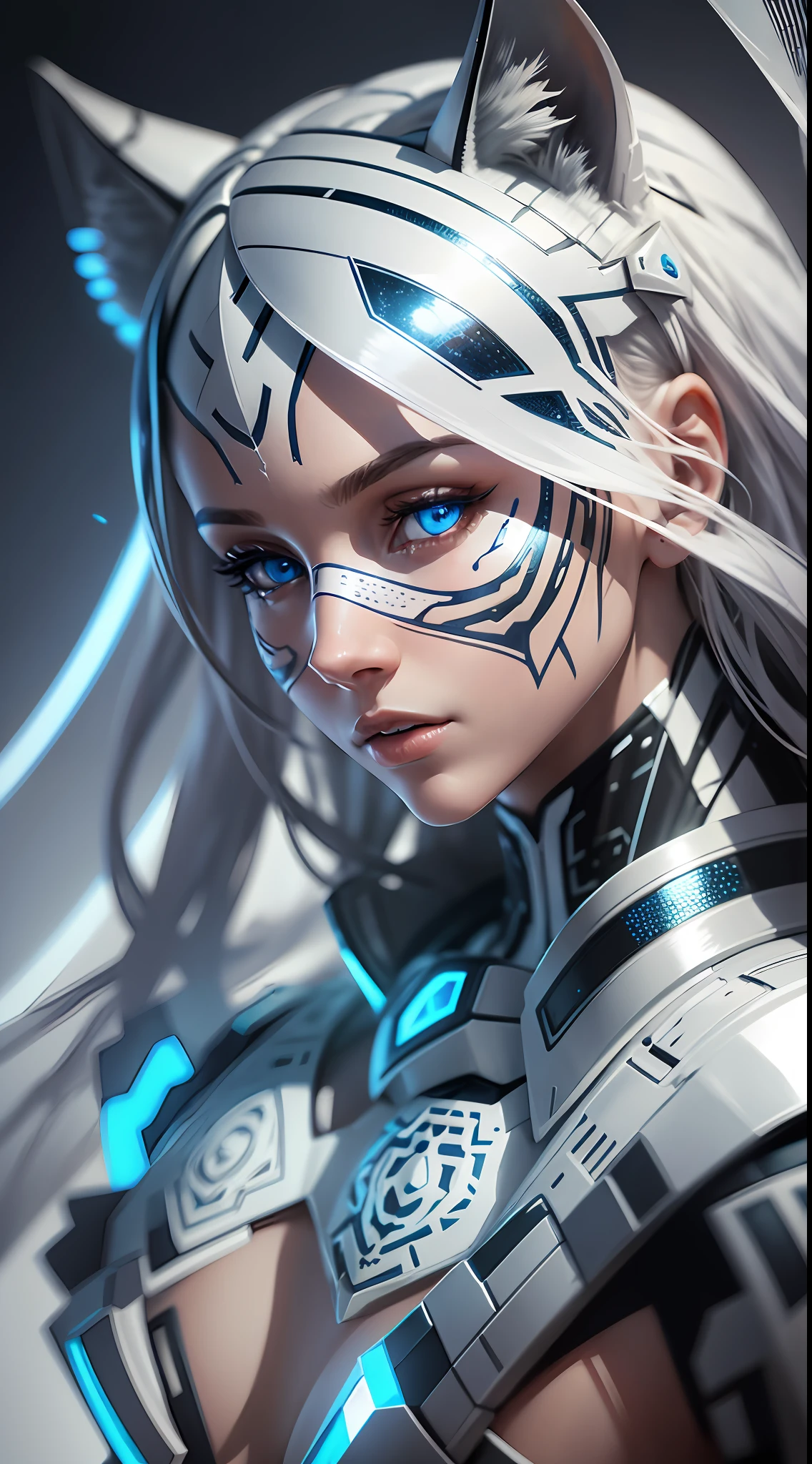 white tiger (skin texture), blue eyes, futuristic, white background, white predominant color, body regions with tech mechanics, blue accents, highly detailed body, intricately detailed, fine detail, hyperdetailed, ray tracing, subsurface scattering, lighting soft diffused, shallow depth of field, by Oliver Wetter, Intricate, high detail, sharp focus, full body + ultra, realistic, detailed face, ultra realistic details, cinematic style Clear Light + full body, 8k, rendering, ultra detailed, light side, sunlight beauty, clear light --auto --s2