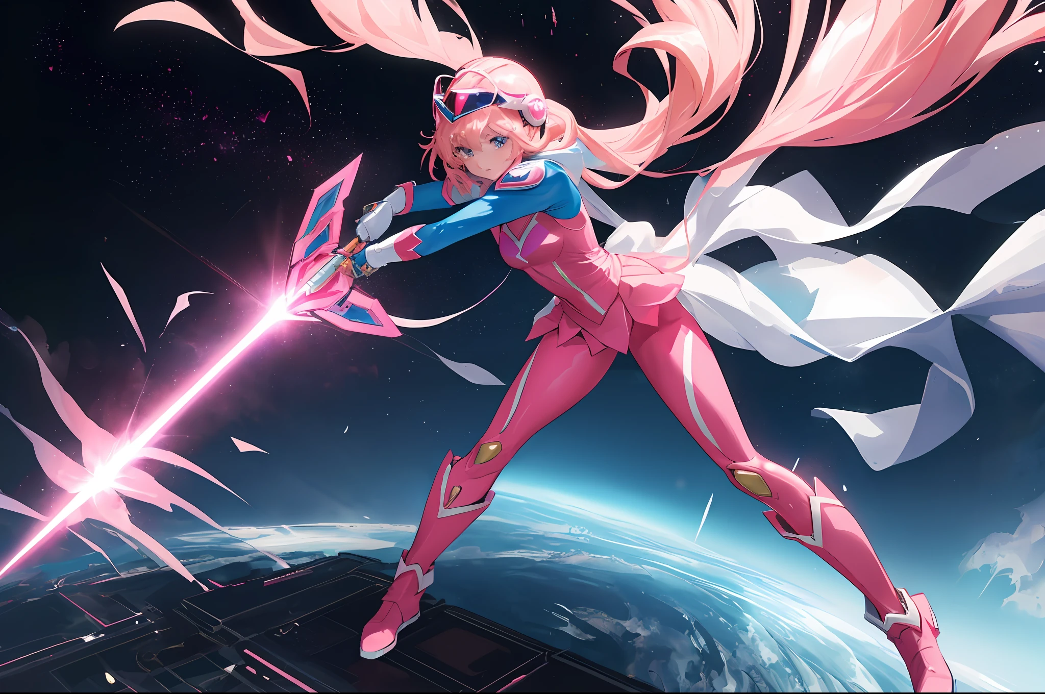 (Masterpiece, Top Quality: 1.2), Super Detail, Cinematic Lighting, (1 Girl: 1.3), She is a Sentai Heroine, Sentai Hero Goranger, Pink Full Body Suit, Super Sentai, Power Rangers, Pink Helmet with Big Heart-Shaped Visor, Very Big Heart Symbol on Chest, White Boots, Phantom Fighting, Solo, Beautiful Eyes of Detail, Unified 8k Wallpaper, Ultra Details, Beautiful, slim body, small breasts, masterpiece, best quality, original, ultra high definition, sunlight, full body portrait, full body, amazing beauty, dynamic pose, dynamic angle, beautiful eyes, splashing light, explosion, laser beam, highly detailed futuristic city, detailed complex background, clear focus,