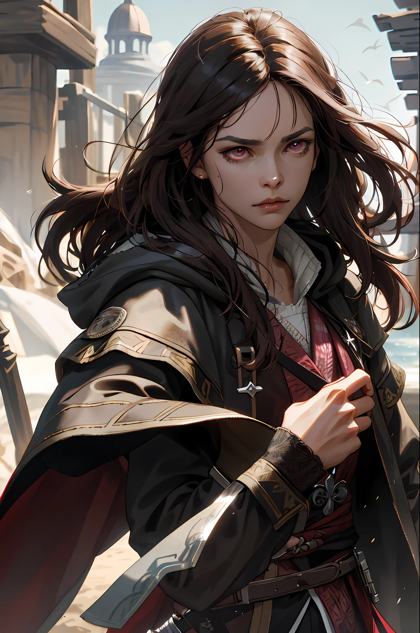 (absurdres, highres, ultra detailed), 1woman, mature female, aged up, wavy long hair, dark brown hair, pink eyes, bangs, long sleeves, finely detailed eyes and detailed face, extremely detailed CG unity 8k wallpaper, intricate details, portrait, (bloody scars:0.7), looking down, solo, upper body, detailed background, determined expression, assassins creed,  assassin, hidden wrist-blade, black rugged  assassin clothes, hood, capelet,  small knives,  revolutionary, dynamic pose,  caribbean island setting, golden age of piracy, closed gate in background, dust, , portrait, wind swirling