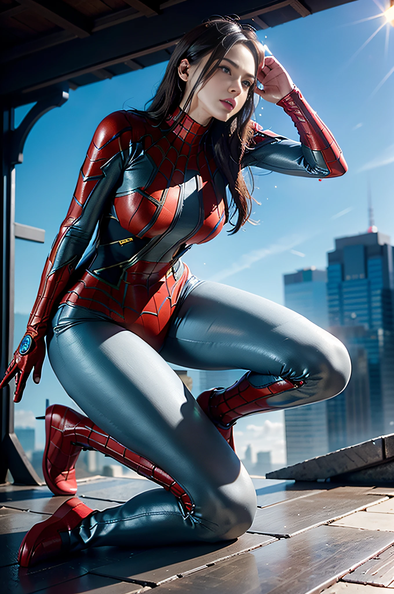 RAW, Masterpiece, Super Fine Photo,, Best Quality, Ultra High Resolution, Photorealistic, Sunlight, Full Body Portrait, Stunningly Beautiful, Dynamic Poses, Delicate Face, Vibrant Eyes, (Side View) , she is wearing a futuristic Iron Lady Spiderman costume, very detailed background, detailed face, detailed and complex busy background, messy, gorgeous, milky, high detailed skin, realistic skin details, visible pores, sharp focus, Volumetric fog, 8k uhd, dslr, high quality, film grain, fair skin, photorealism, lomography, sprawling metropolis in a futuristic dystopia, view from below, translucent