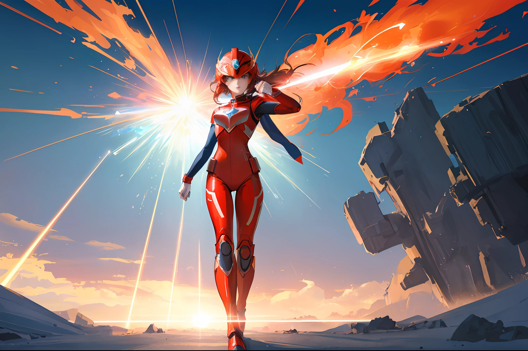 (Masterpiece, Best Quality: 1.2), Super Detail, Cinematic Lighting, (1 Girl: 1.3), She is a Sentai Heroine, Sentai Hero Goranger, Red Full Body Suit, Super Sentai, Power Rangers, Red Helmet with Big Heart-Shaped Visor, Very Big Heart Mark on Chest, White Boots, Fight Phantom, Solo, Beautiful Eye of Detail, Unified 8k Wallpaper, Ultra Detailed, Beautiful, slim body, small breasts, masterpiece, best quality, original, ultra high definition, sunlight, full body portrait, full body, amazing beauty, dynamic pose, dynamic angle, beautiful eyes, splashing light, laser beam, explosion, highly detailed futuristic city, detailed complex background, clear focus,