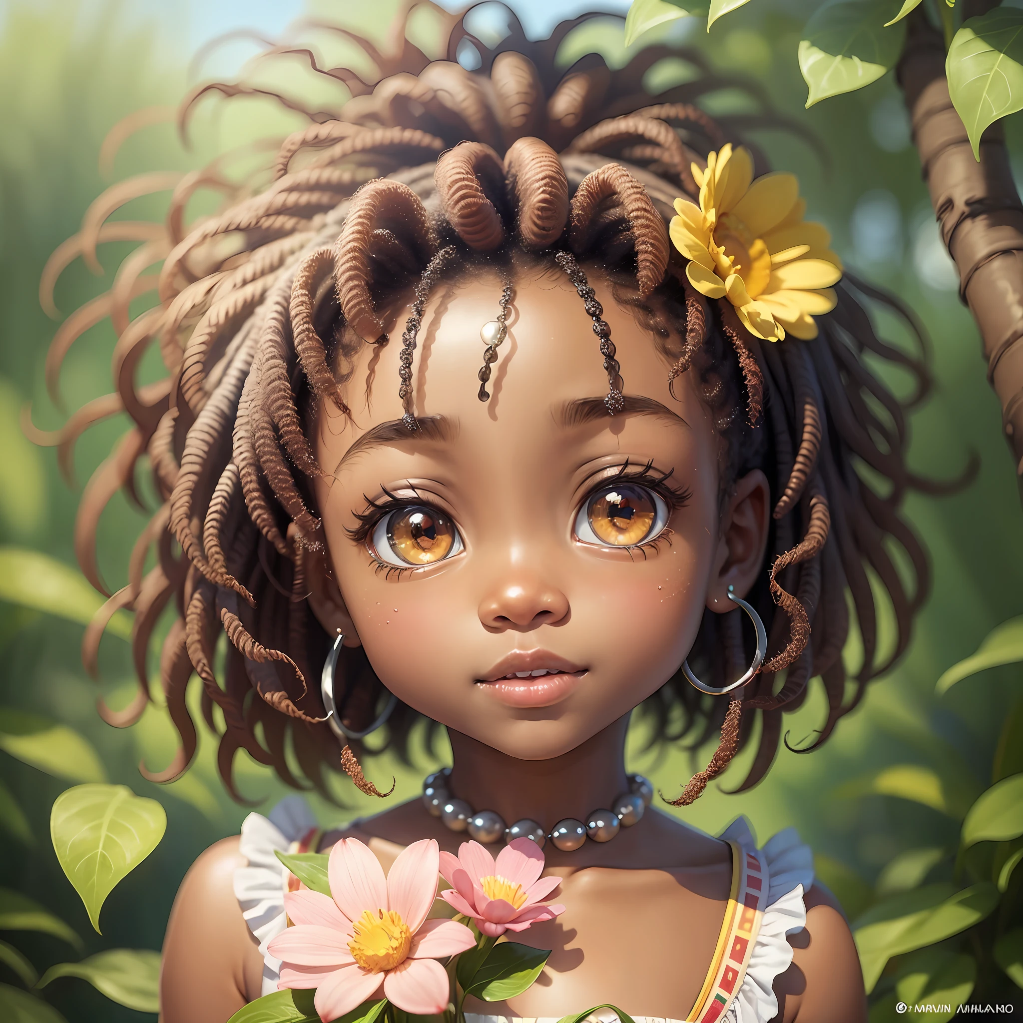 1 afro girl with a flower in her hair, clean photo, (((chibi))), breathtaking rendering, (tanned skin), instagram artwork, detailed facial affections, listening to music, featured in 9 9 designs, gentle smile, realistic cartoon, (big sweet eyes), fish eyes, angelic purity, artist used bright, like a pixar character, exceptionally unique beauty, dark skin tone, hi mark (akwaaba tommy) --auto --s2