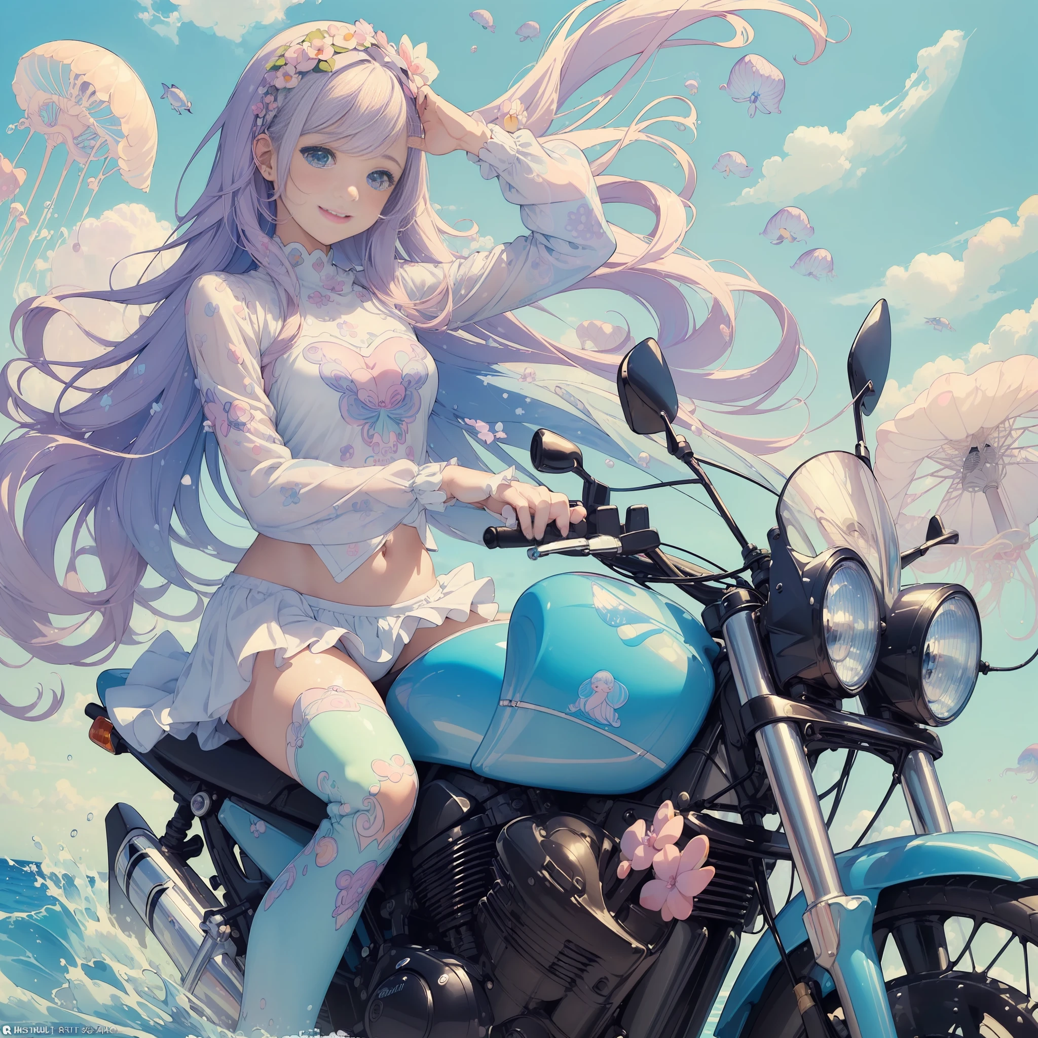 (masterpiece, top quality, best quality, official art, beautiful and aesthetic,1girl,:1.5), girl riding motorcycle in the sea, happy expression, (pastel color:1.5),(cute illustration:1.5),(fancy:1.5)white back ground,happy smile,bike, in the sea, fish, jellyfish, bubbles, 🏍 splashes