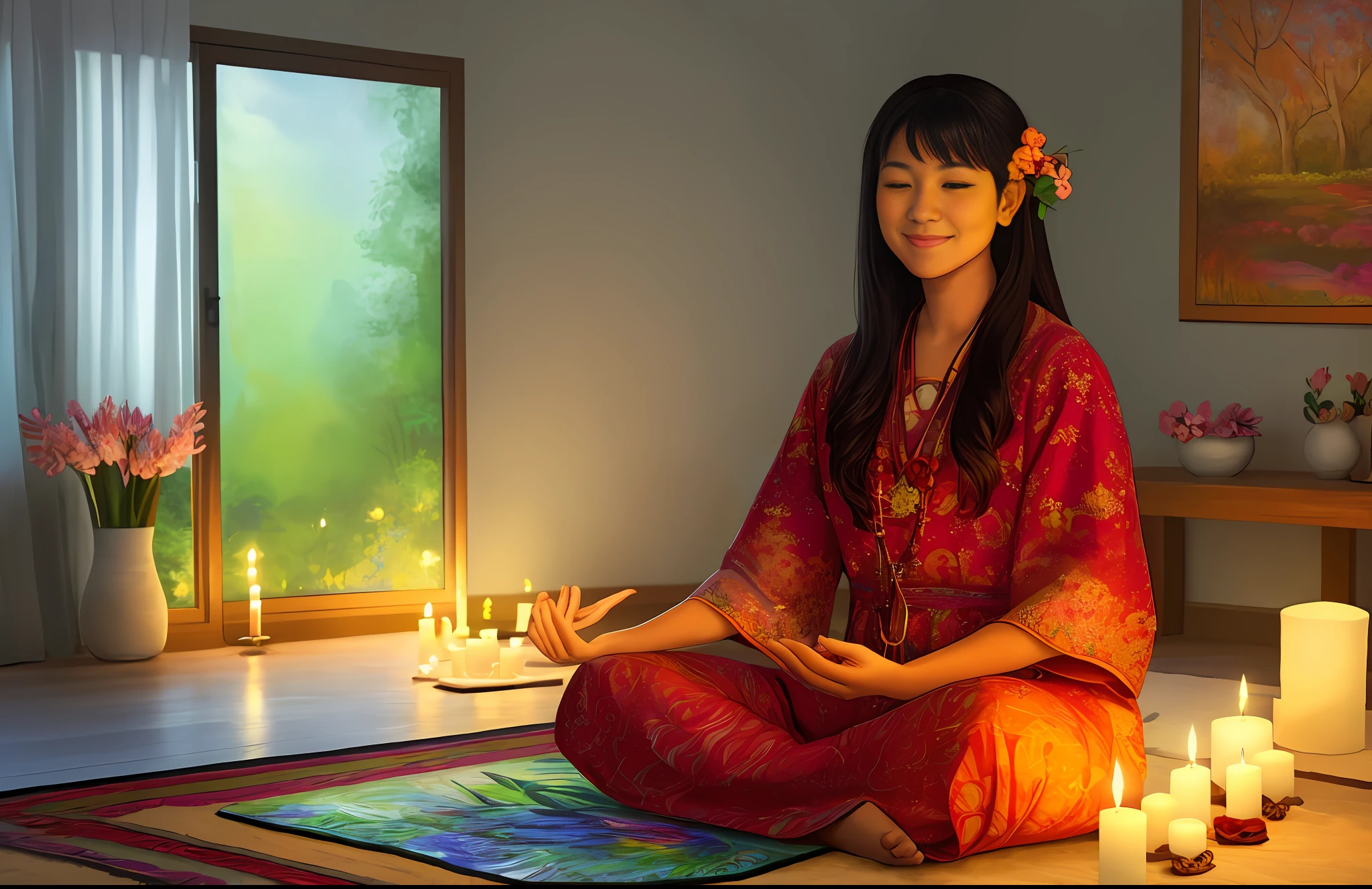 Image of a smiling woman, detailed face, sitting on a meditation mat in a cozy and bright room. Candles are visible around it, symbolizing peace and relaxation. Flowers are in her hands, and in the background are paintings of nature and quotes about positivity and inner well-being.