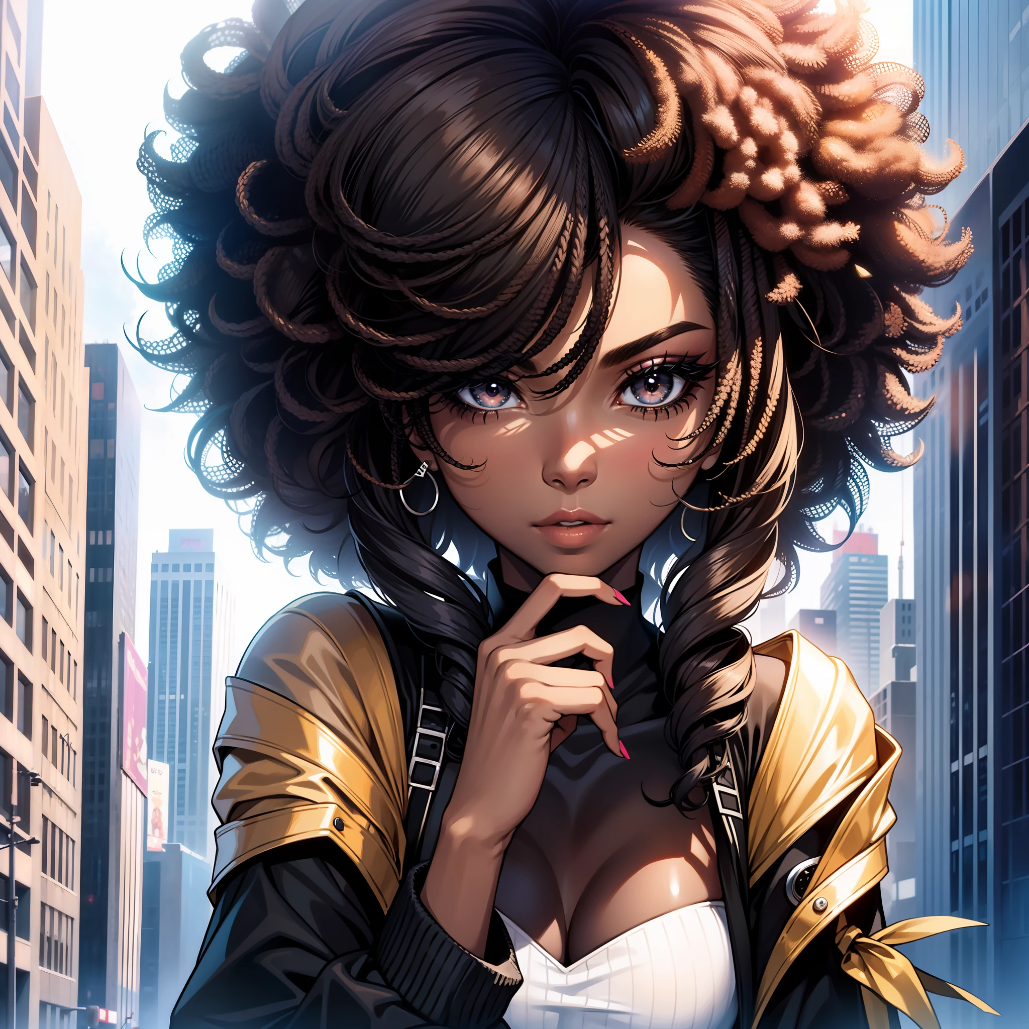 (a young woman:1.2)| (a girl:1.1), black skin, portrait, makeup, super detailed, afro hair, city, straight look, contoured.