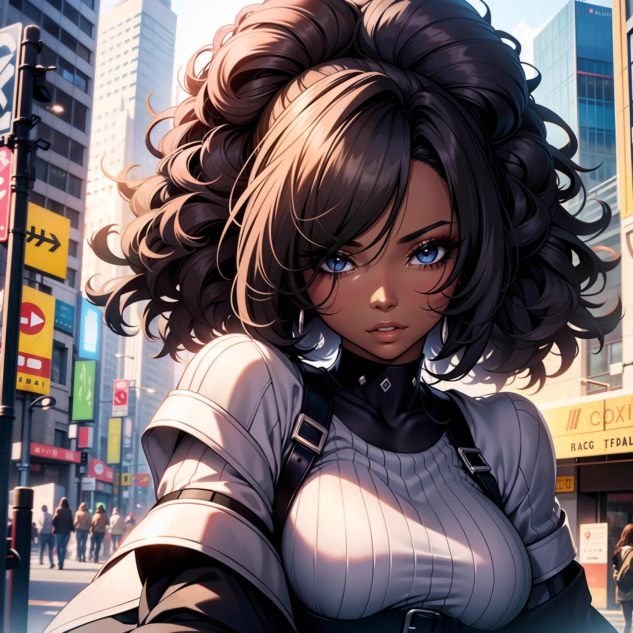 (a young woman:1.2)| (a girl:1.1), black skin, portrait, makeup, super detailed, afro hair, city, straight look, contoured.