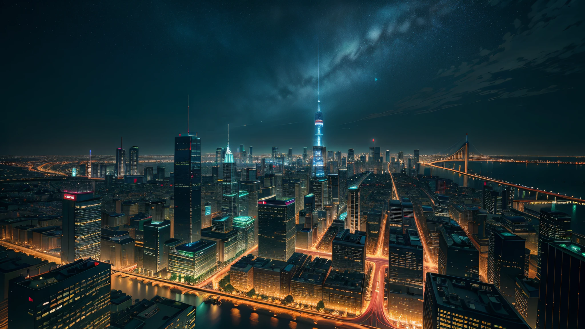 (high quality, best quality, hi res), (ultimate phtoreal Concept Art), (bridge, building, city, city_lights, cityscape, lamppost, lights, neon_lights, night, night_sky, no_humans, outdoors, real_world_location, reflection, road, rooftop, scenery, science_fiction, shooting_star, sky, skyline, skyscraper, star_\(sky\), starry_sky, street, tokyo_\(city\), tower, town):3.0. (Ray traching, Lumen, 8 k, realistic, hyperdetailed photorealistic, intricate detail)