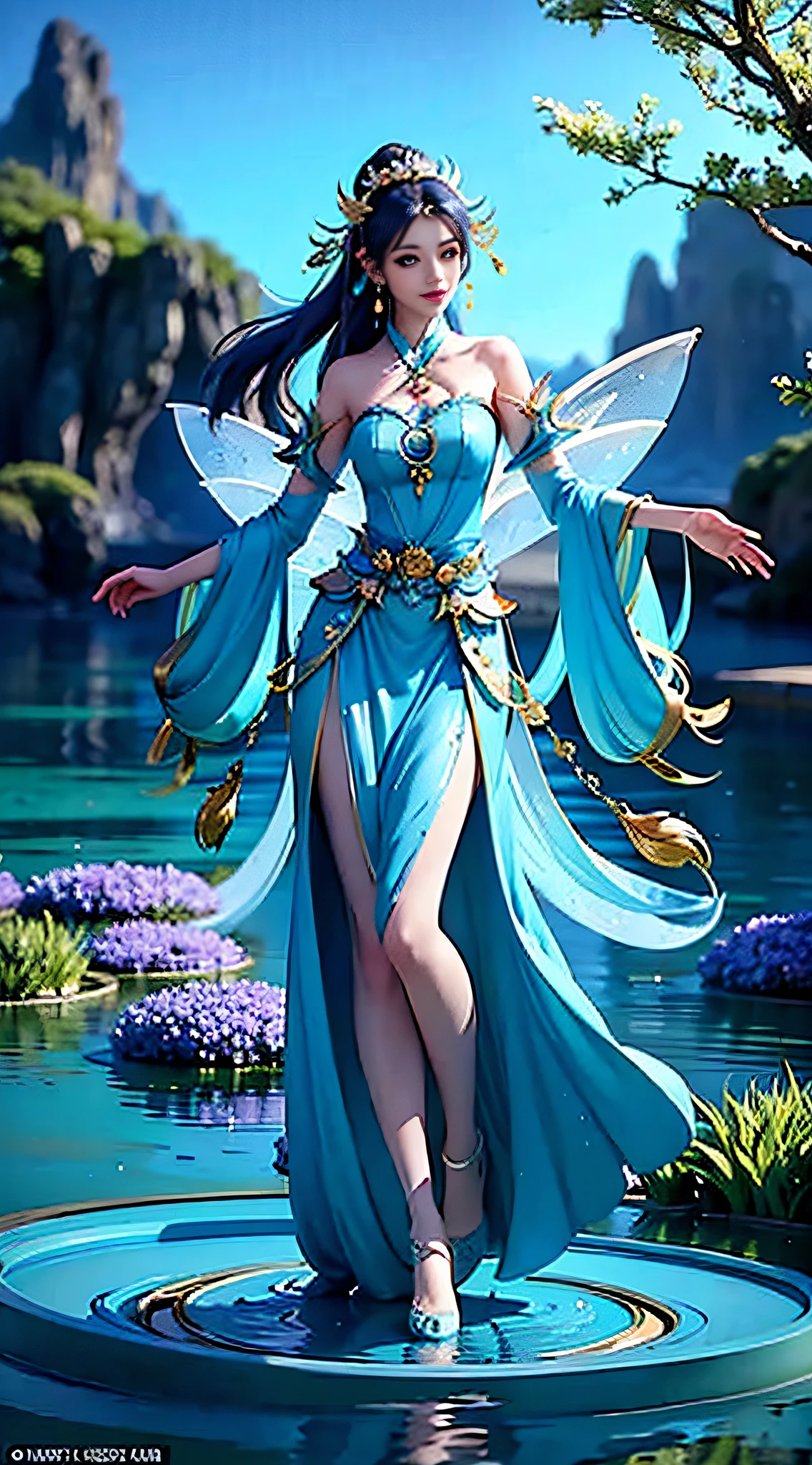 arafed woman in a blue dress floating in a body of water, ethereal fantasy, closeup fantasy with water magic, water fairy, fantasy art style, asian female water elemental, beautiful fantasy art, beautiful fantasy maiden, xianxia fantasy, a stunning young ethereal figure, jingna zhang, fantasy woman, full body xianxia, digital fantasy art )