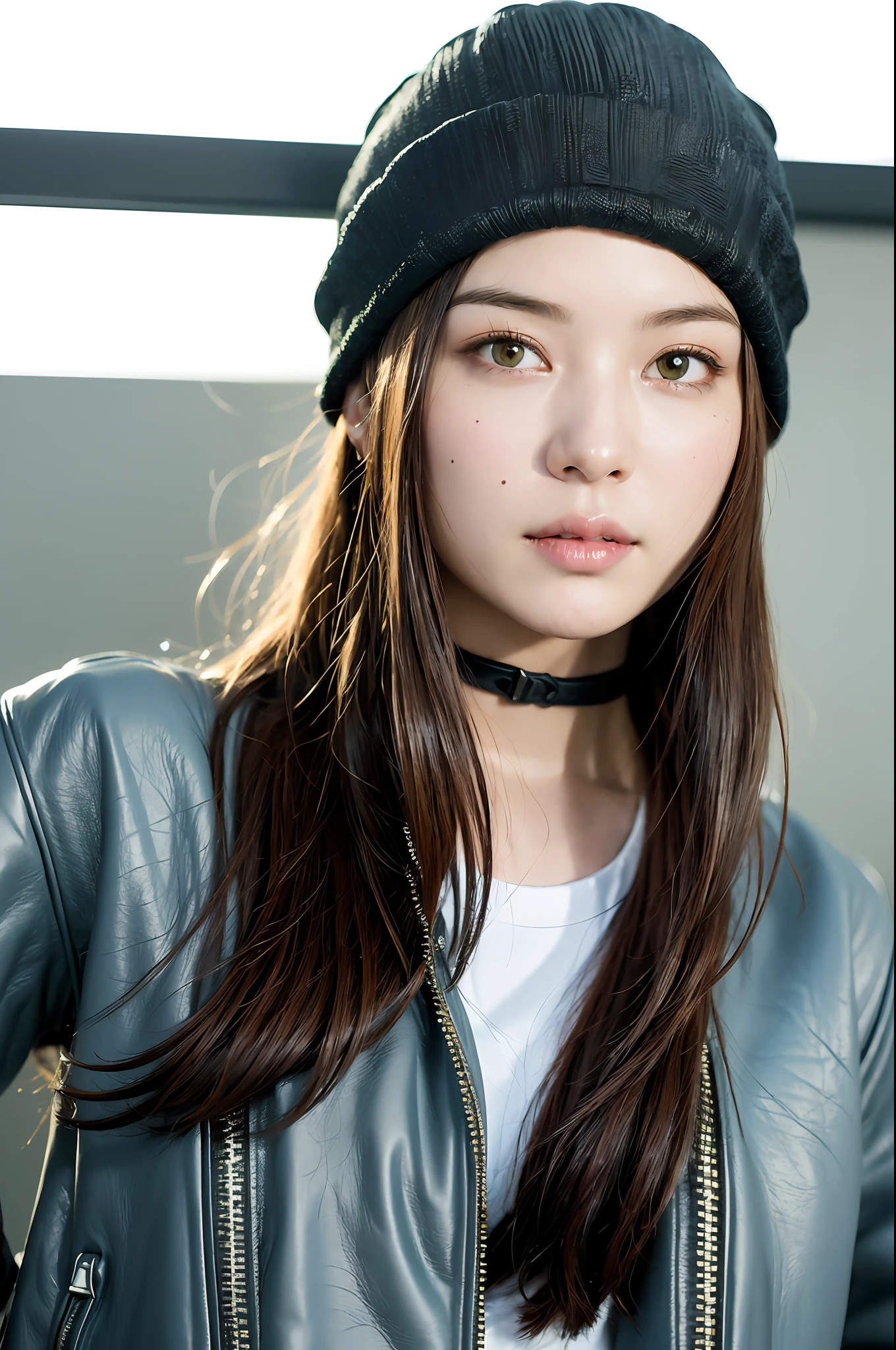 (
(8k:1.27), best quality, masterpiece, ultra highres:1.2) Photo of Pretty Japanese woman
(beautiful:1.1) (sci-fi warrior woman:1.1) space soldier, (beanie:1.61) (leather jacket:1.21) (choker) intricate elegant, fantasy, detailed, ometric by greg rutkowski and alphonse mucha, gradient lighting