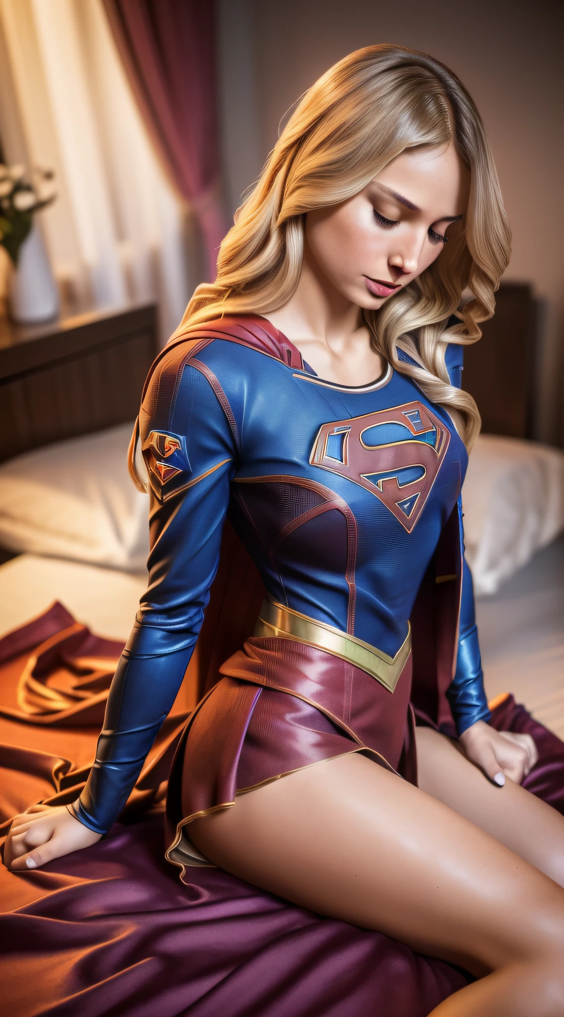 a photo of a very beautiful woman, as (Supergirl:1.1), (nighttime:1.3), (regular breasts: 1.4), (A girl lying in bed touching her own body in a provocative, sensual, sexy and provocative way.) Semi naked, transparent robe_ (8k, RAW photo, best quality, ultra high res, photorealistic, masterpiece, ultra-detailed, Unreal Engine) --auto --s2