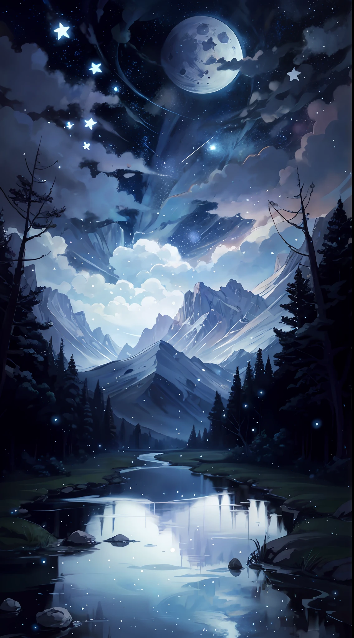 A painting of a river with stars and moon in the sky, concept art inspired by Tosa Mitsuoki, pixiv contest winner, best quality, fantasy art, beautiful anime scene, a bright moon, moonlit starry environment, dream painting, Anime Background Art, Fantasy Landscape Art, Fantasy Night, Anime Background, Background Artwork, Fantastic Art, Atmospheric Anime, Starry Sky, Detail Enhanced.