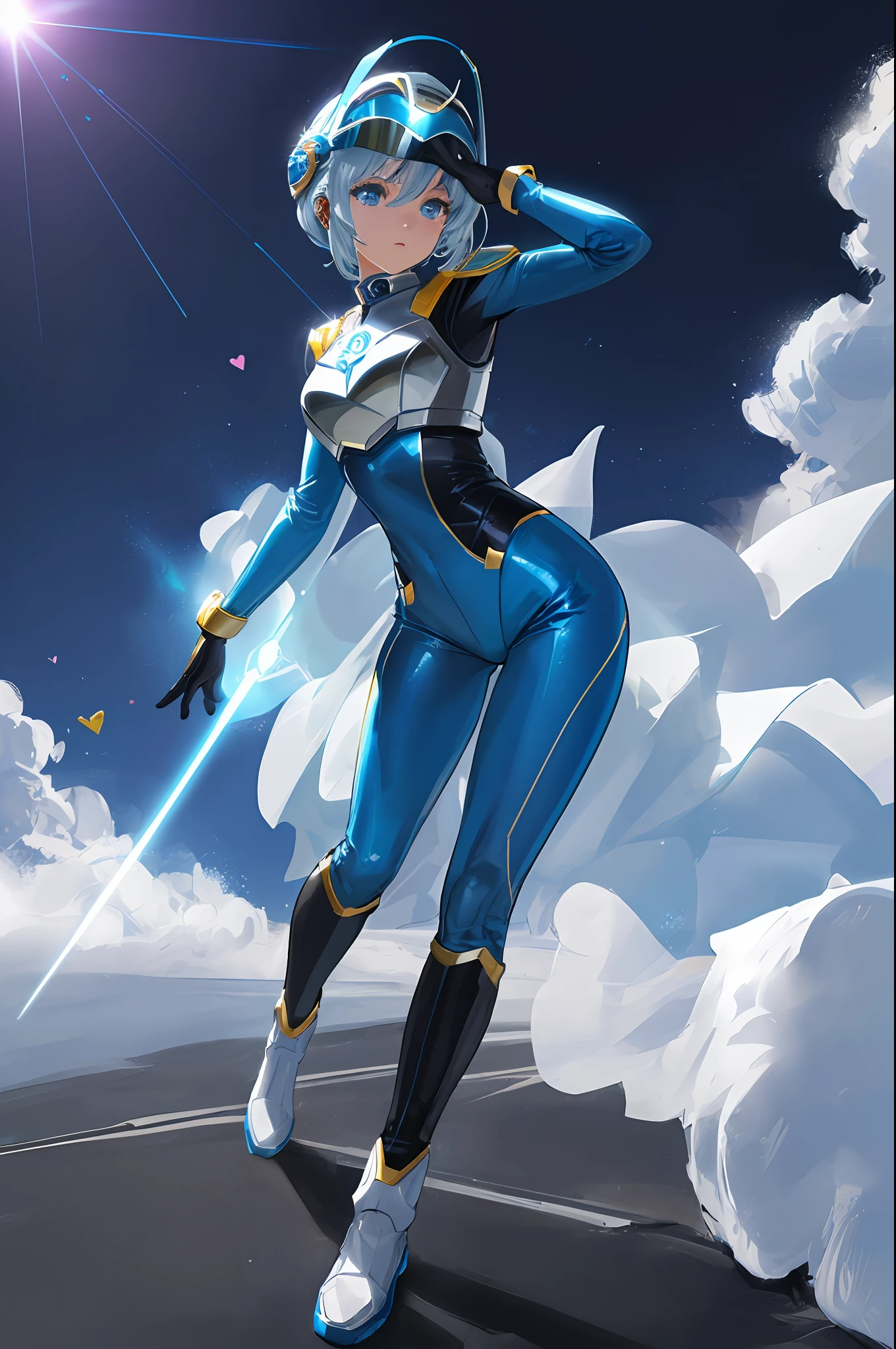 (Masterpiece, Best Quality: 1.2), Super Detailed, Cinematic Lighting, (1 Girl: 1.3), She is a Sentai Heroine, Sentai Hero Goranger, Blue Full Body Suit, Super Sentai, Power Rangers, Blue Helmet with Big Heart-Shaped Visor, Very Large Heart Symbol on Chest, White Boots, Fight Phantom, Solo, Beautiful Eyes of Detail, Unified 8k Wallpaper, Ultra Detailed, Beautiful, slim body, small, masterpiece, top quality, original, ultra high definition, sunlight, full body portrait, full body, amazing beauty, dynamic pose, dynamic angle, beautiful eyes, splashing light, laser beam, highly detailed futuristic city, detailed complex background, clear focus,