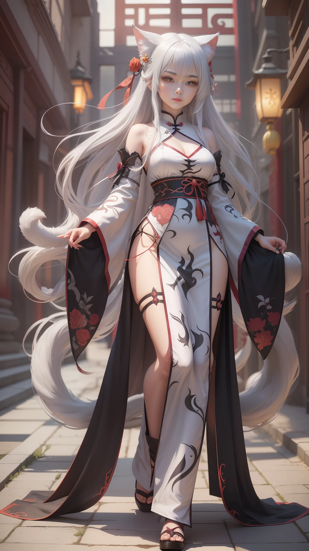 Silver-haired girl, (cat ears), (red eyes), long hair, master works, ultimate light and shadow, Chinese architecture, full body shot, Chinese Hanfu, (nine-tailed demon fox) big tail, Chinese knot --auto --s2