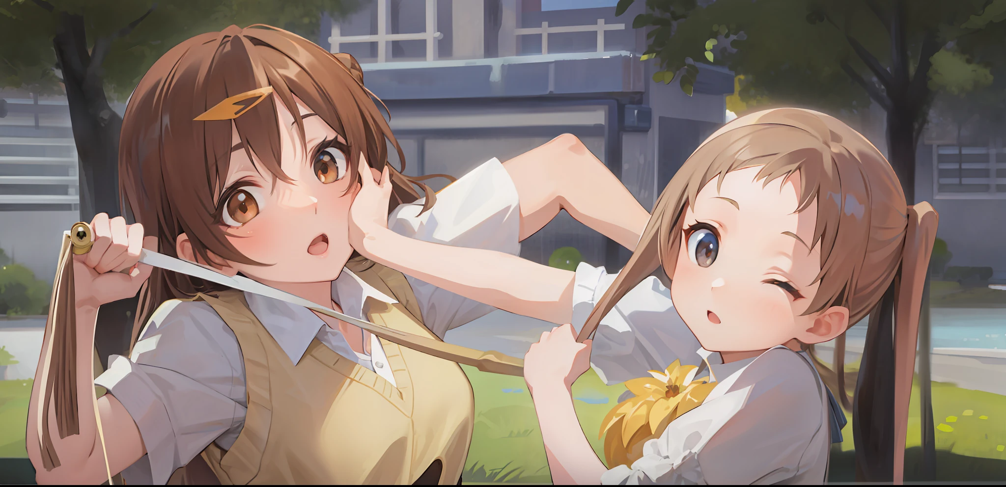 high resolution, masterpiece, Shinka Nibutani, brown hair, solo, 1girl, exterior, cut-out background, detailed eyes, ((brown eyes))