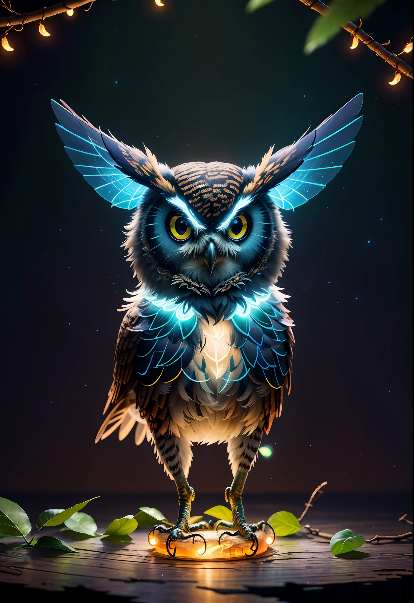 Masterpiece, best quality, extremely beautiful reflection, best reflection. (Very detailed CG unity 8k wallpaper), (best quality), (best illustration), (best shadow), a photo of a cybernetic owl, perched on barbed wire in a dark alley. His eyes are neon blue, reflecting the lights of the surrounding city. The feathers are fragmented and iridescent, and there is a wonderful code running through them. The shots used create a deformation effect, giving the impression that an owl is observing the viewer from all angles, with a forest theme with natural elements. Tall trees, quiet stream, glowing small mushrooms surrounded by delicate leaves and branches, and fireflies and glowing particle effects, (natural elements), (jungle theme), (leaves), (branches), (fireflies), butterflies, (delicate leaves), (glow), (particle effects), isometric 3D, Octane rendering, ray tracing, super detailed