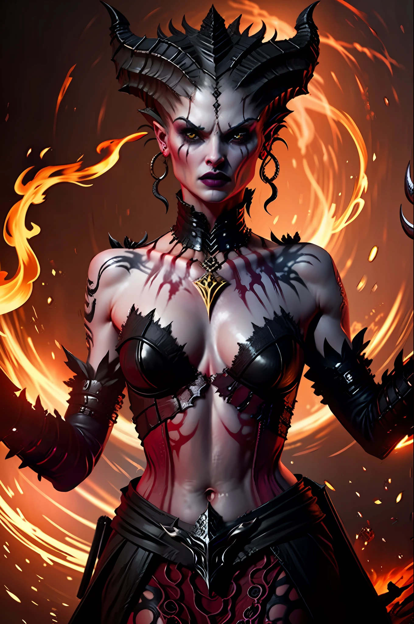 A lilith in the style of D14bl0 dramatic lights red leeches fire cinematic blood