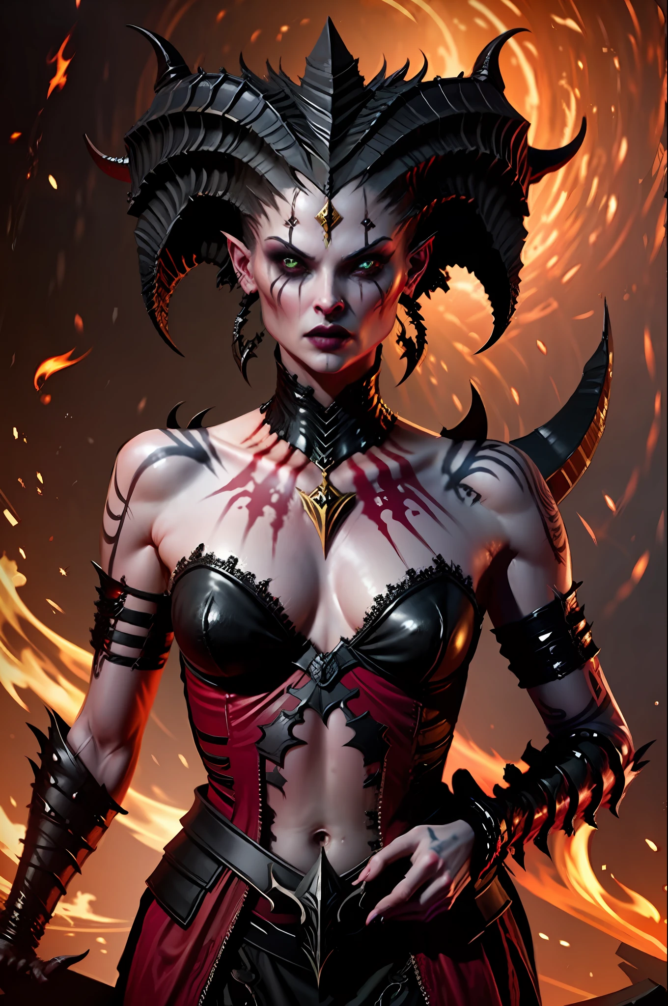 A lilith in the style of D14bl0 dramatic lights red leeches fire cinematic blood