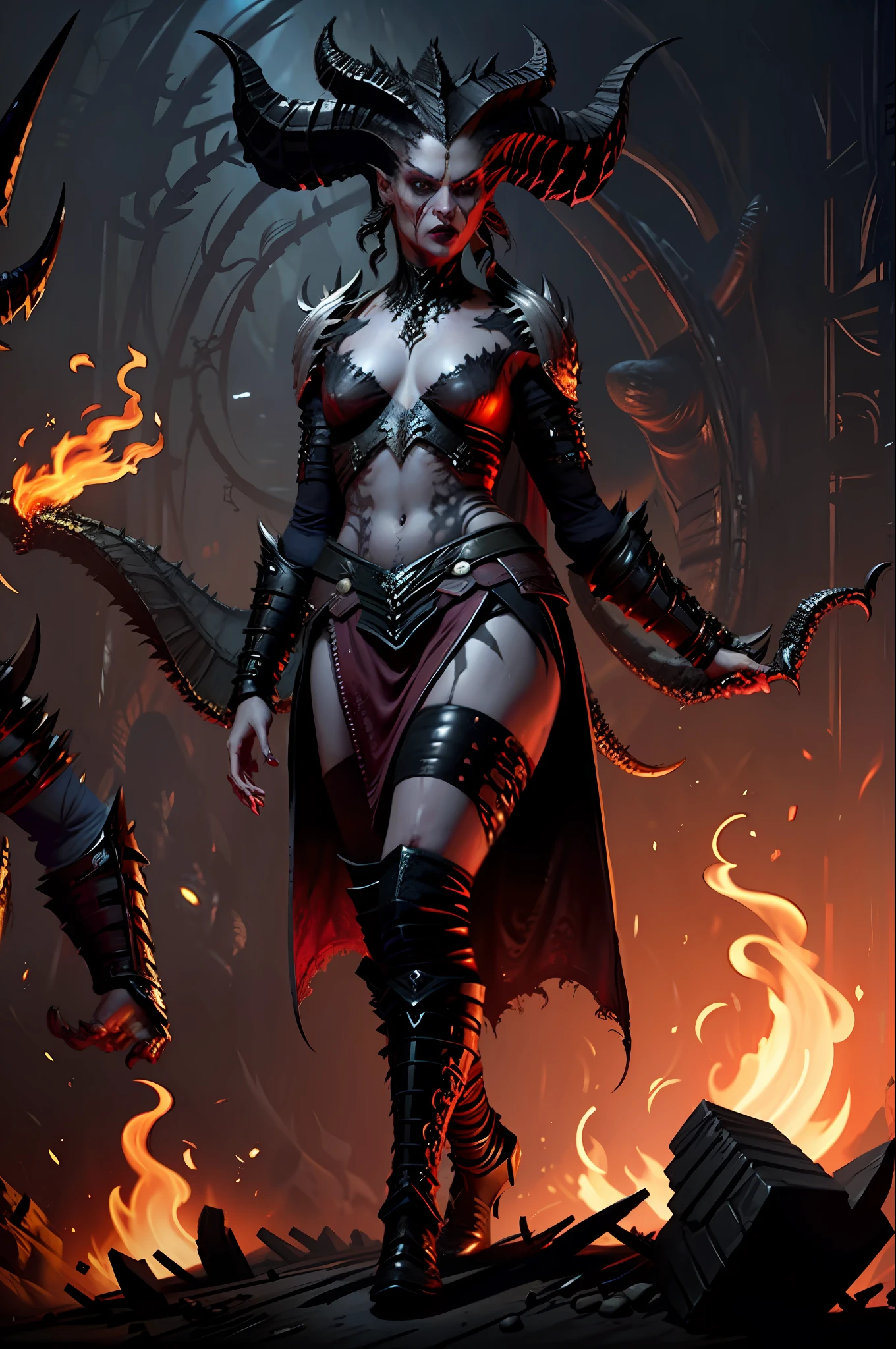 A lilith in the style of D14bl0 dramatic lights red leeches fire cinematic blood