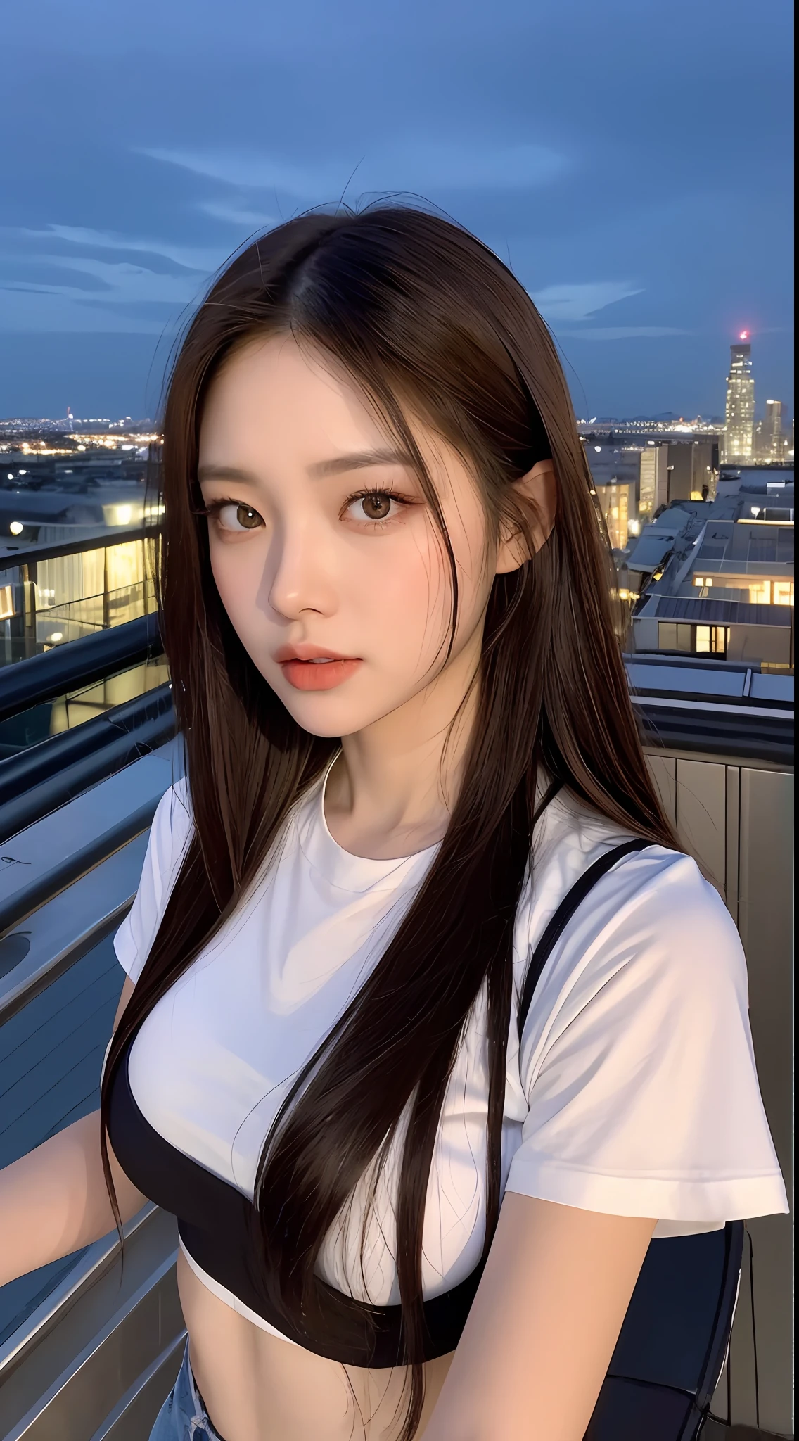 ((Midnight, Best quality, 8k, Masterpiece :1.3)), Whole body, Long legs, Sharp focus :1.2, A pretty woman with perfect figure :1.4, Slender abs :1.1, ((Dark brown hair, Big breasts :1.2)), (White tight tshirt, Jean bib, Standing:1.2), ((Night city view, Rooftop:1.3)), Highly detailed face and skin texture, Detailed eyes, Double eyelid