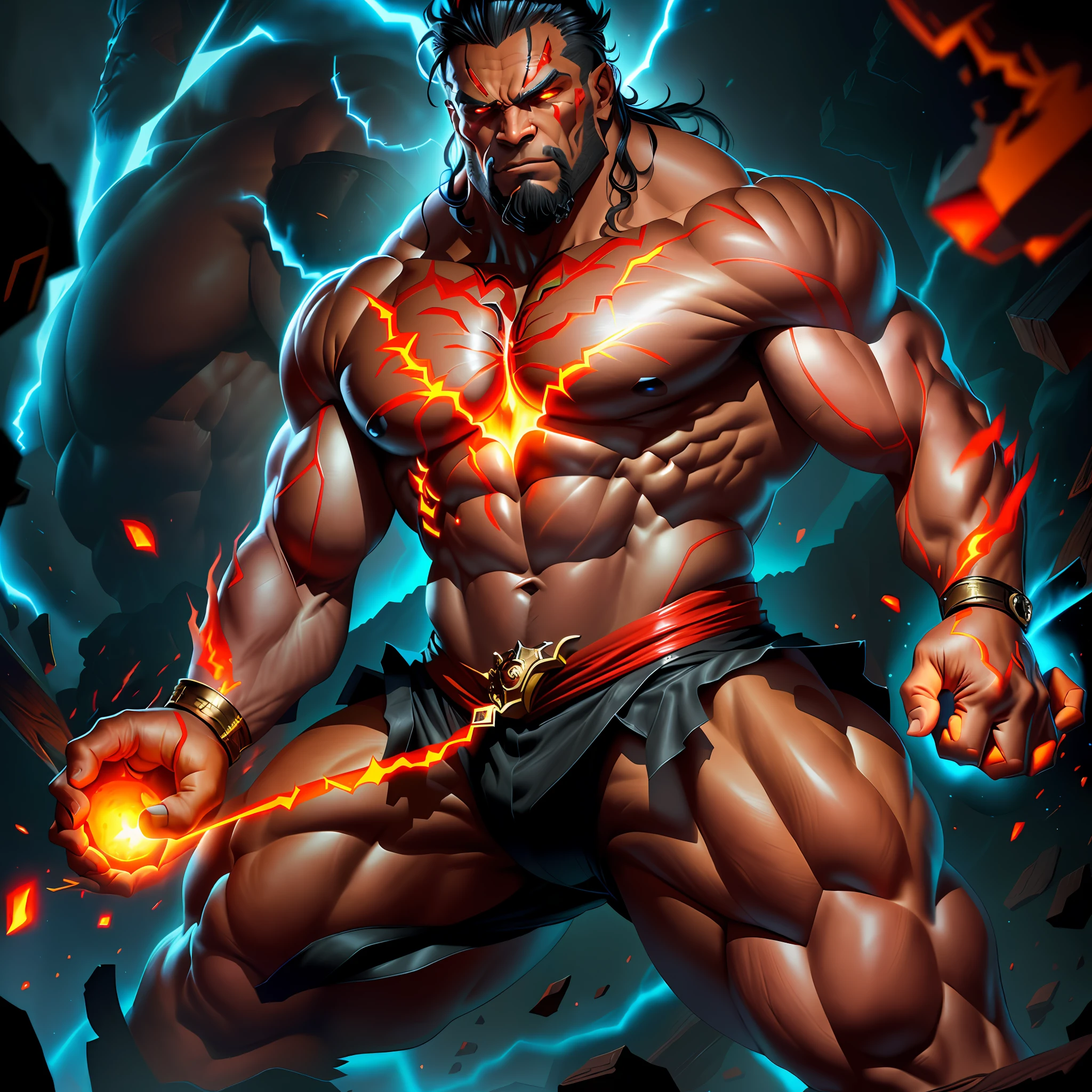 a close up of a man with a fire ball in his hand, muscled humanoid balrog demon, furious god zeus, muscular male hero, muscular character, strong and imposing, muscular werewolf, muscular and terrifying, muscular characters, berserker potrait, fat ripped satanic creature, balrog, hephaestus, exaggerated muscle physique, epic full color illustration