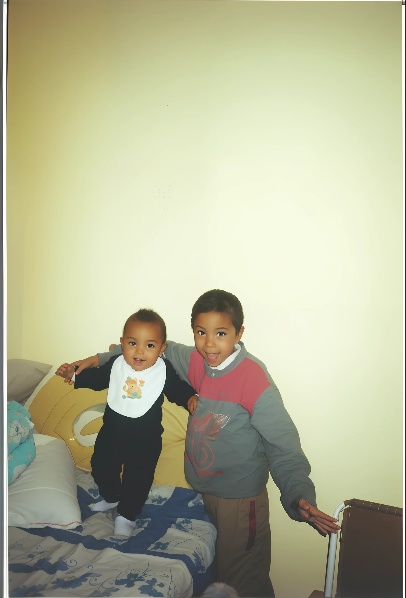 There are two children standing on a bed with a baby bib, taken on 1 9 9 7, taken in the mid-2000s, 1 2 0 0 dpi scan, scanned, with a child, Bowater Charlie and Brom Gerald, taken in the early 1990s, old photo, taken in the late 2000s. Taken with Canon EOS R5, full-frame CMOS sensor, 45 megapixel, 8k resolution, Canon RF 24-70mm f/2.8L IS USM lens, 24mm, f/2.8, f/1.8 or f/2 aperture and shutter speed of 1/100, ISO 400, manual focus