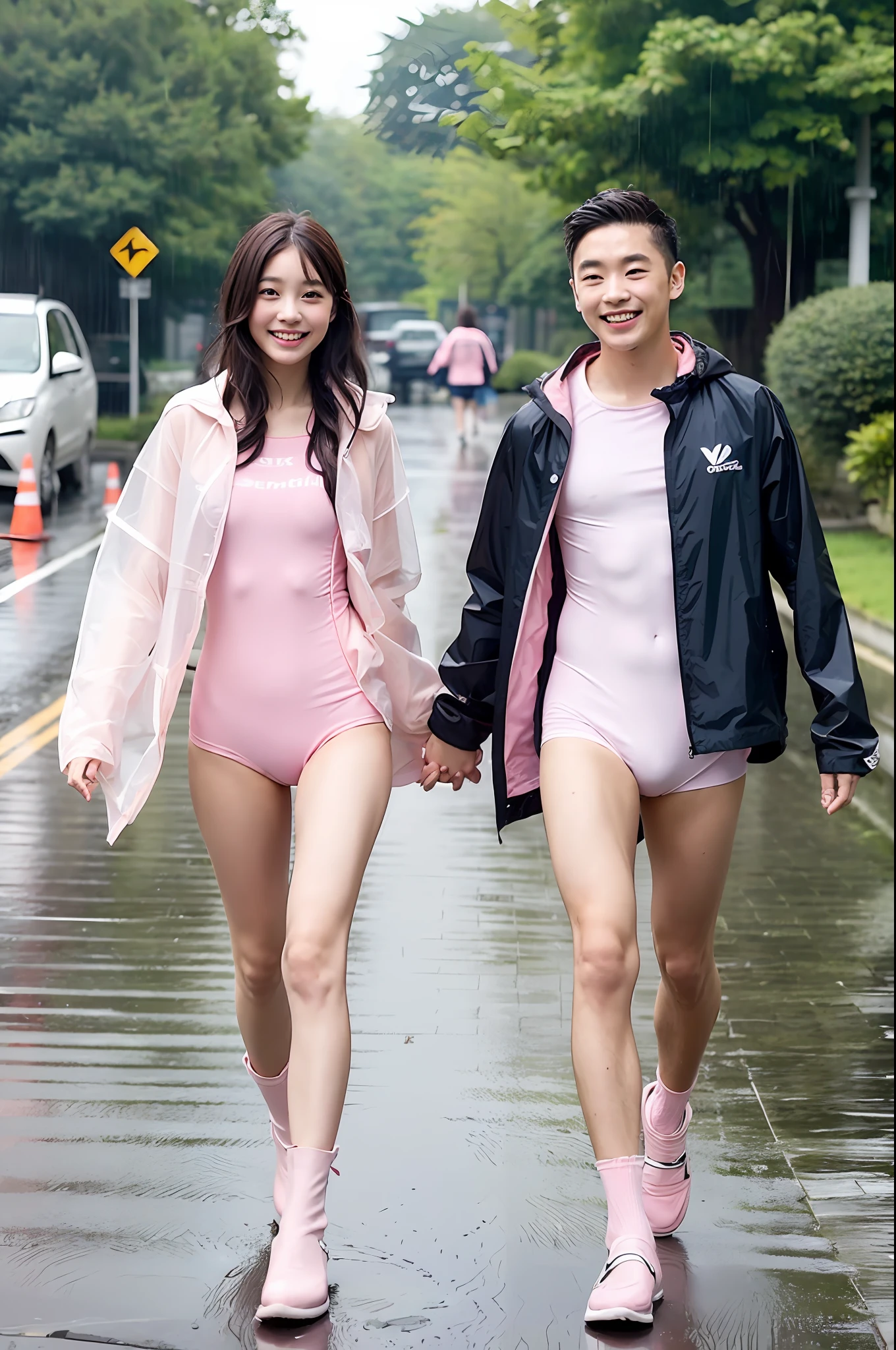 ((Girl in light pink high-leg school swimsuit and raincoat)),,Smiling,(Boy in raincoat),Walking with umbrella,It's raining Wet road,Wearing boots