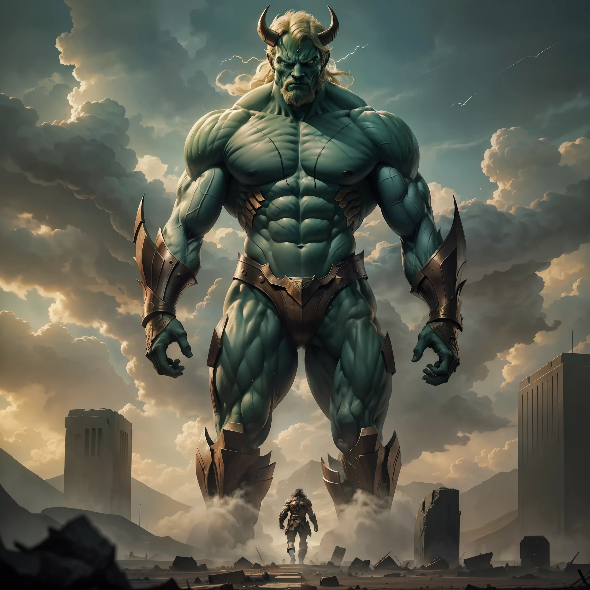 Image: A colossal Titan fills the scene with his intimidating presence. His immense and powerful musculature dominates the frame, emanating strength and determination. Her intense green skin contrasts with the gloomy surroundings.

The Titan is positioned centrally in the image, framed in an imposing manner. His majestic figure is displayed in all its glory, with defined and prominent muscles. His fierce eyes reflect his intensity and purpose.

The Titan's head, with a crest of wild hair, is shaped like an imposing eagle. Its features are striking, with a defiant expression and powerful curved horns. The Titan has robust hands and sharp claws, ready to take on any challenge.

The scenery around the Titan is a destroyed and desolate landscape. Debris and rubble of a ruined city are strewn across the environment, creating a powerful visual contrast to the towering figure of the Titan.

The dramatic lighting enhances the Titan's muscles, emphasizing its grandeur and power. The deep shadows add a touch of mystery and intensity to the scene.

Ensure that the Titan is completely framed in the image, without cuts that detract from its dominant presence. The composition of the image should highlight its magnitude and strength, conveying its impact and grandeur to the viewer.