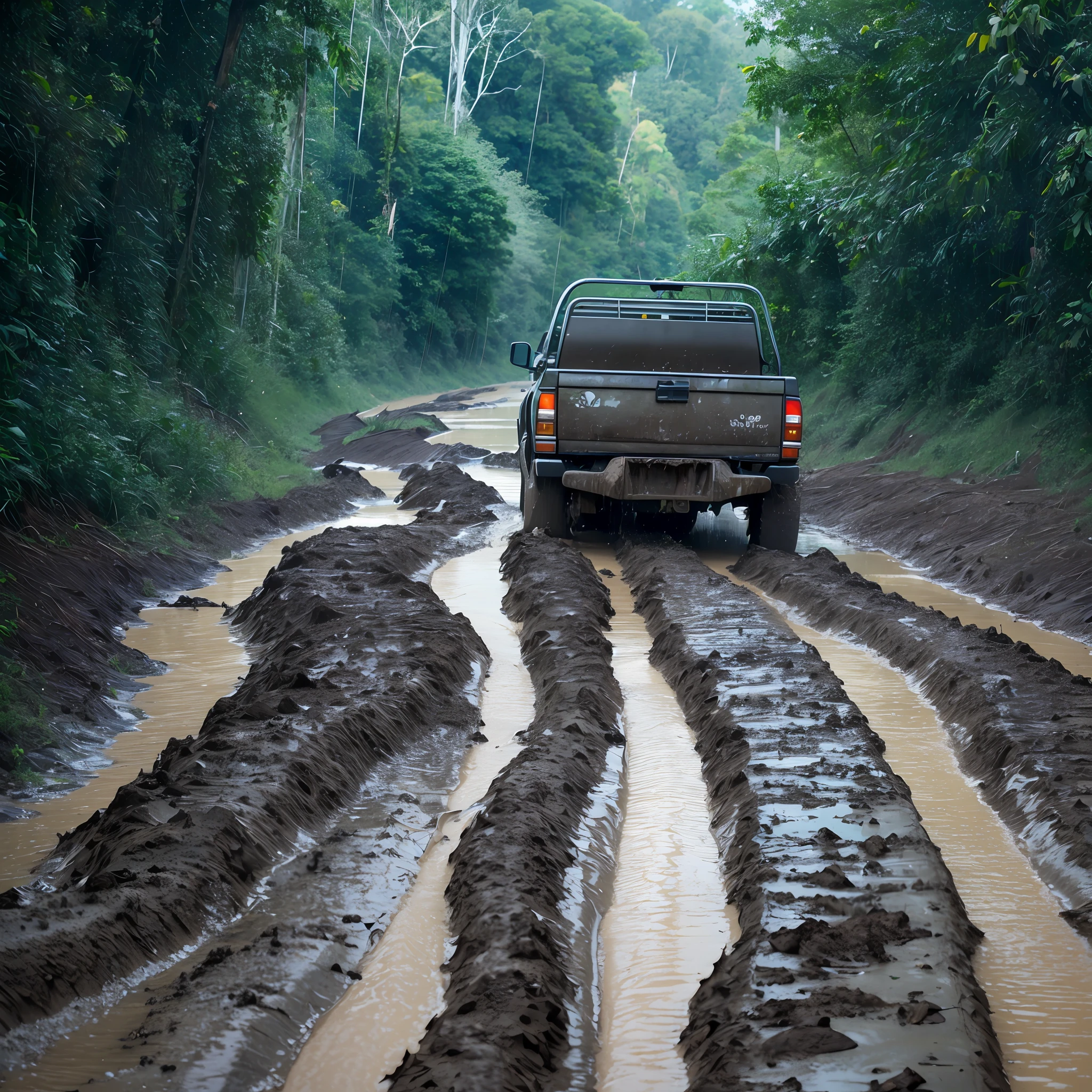 a green pickup crossing mud and mud in the middle of the amazon in the rainy season, full of mud
